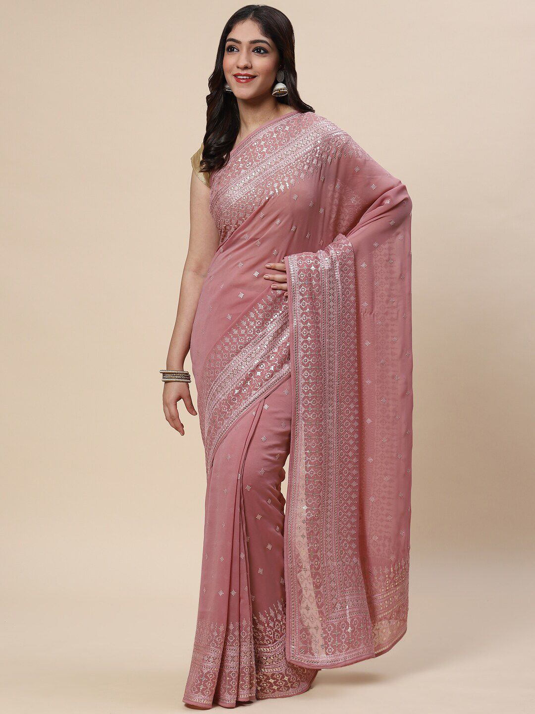 Meena Bazaar Pink & Silver-Toned Embellished Sequinned Saree Price in India