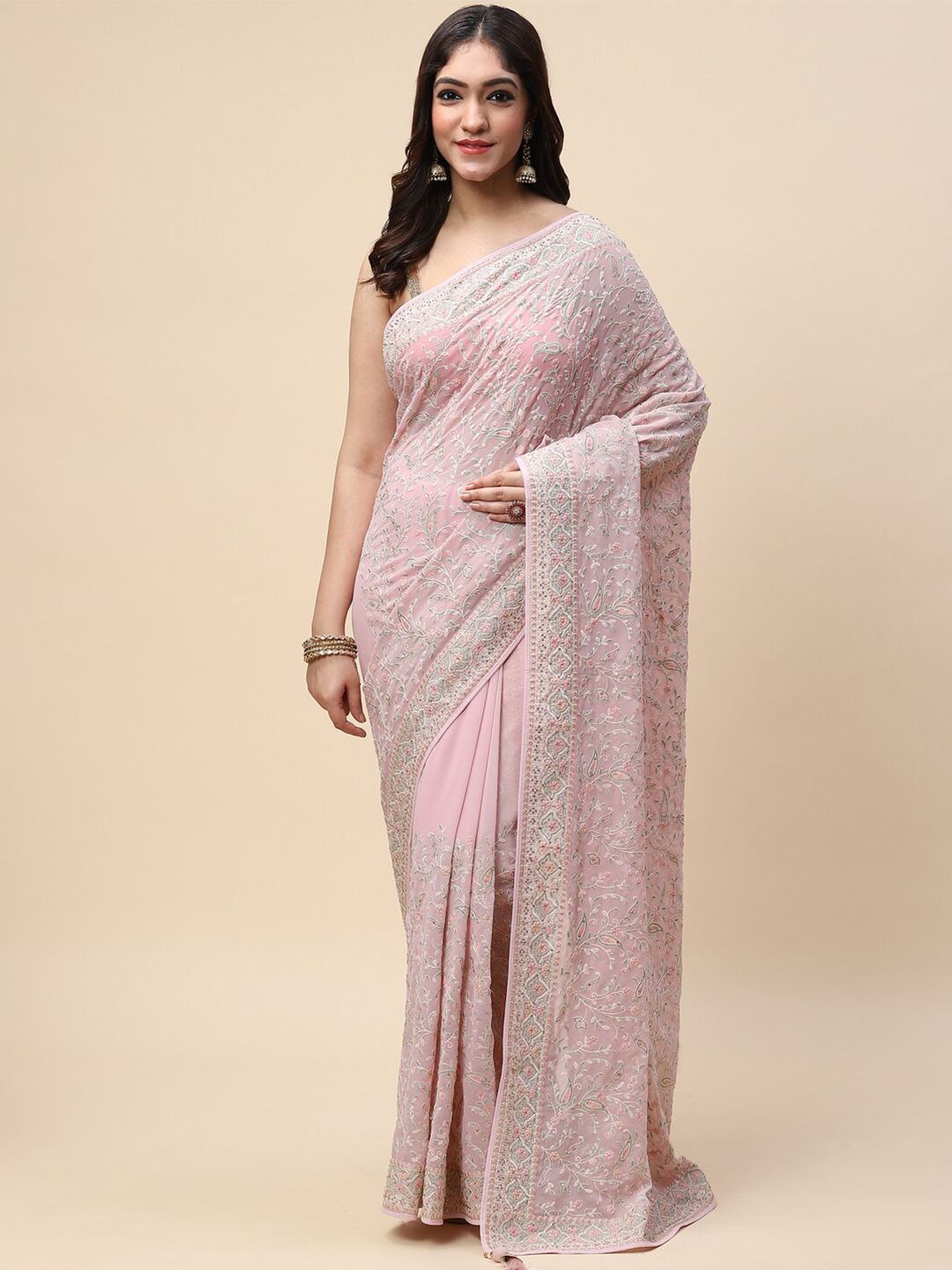 Meena Bazaar Pink Embellished Embroidered Saree Price in India