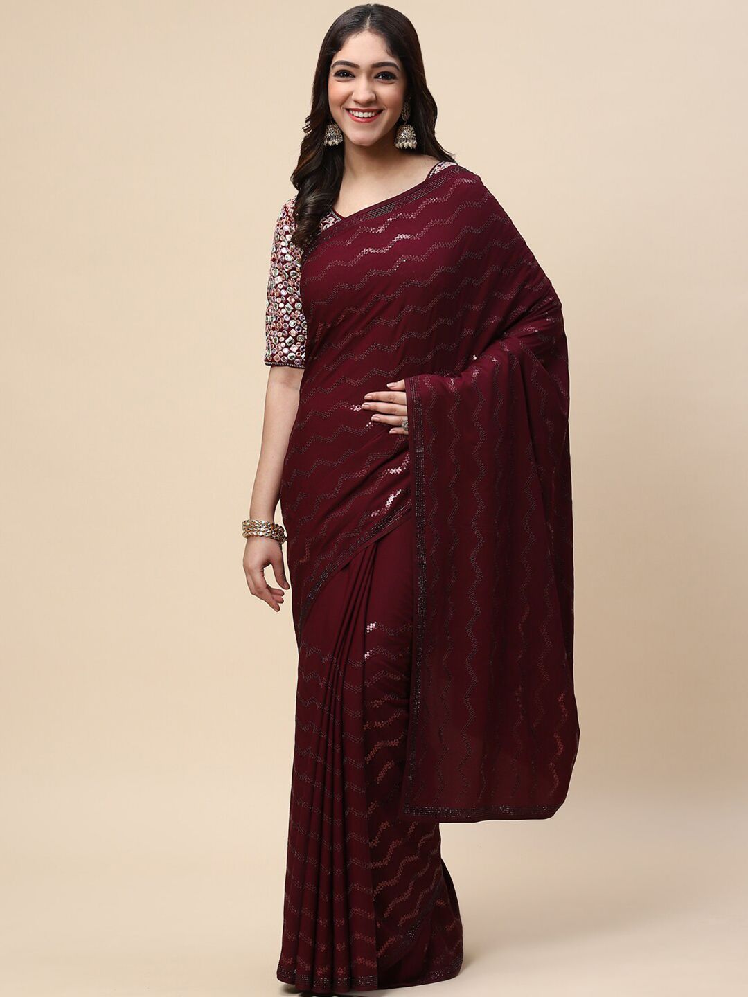 Meena Bazaar Burgundy & Silver-Toned Embellished Sequinned Pure Crepe Saree Price in India