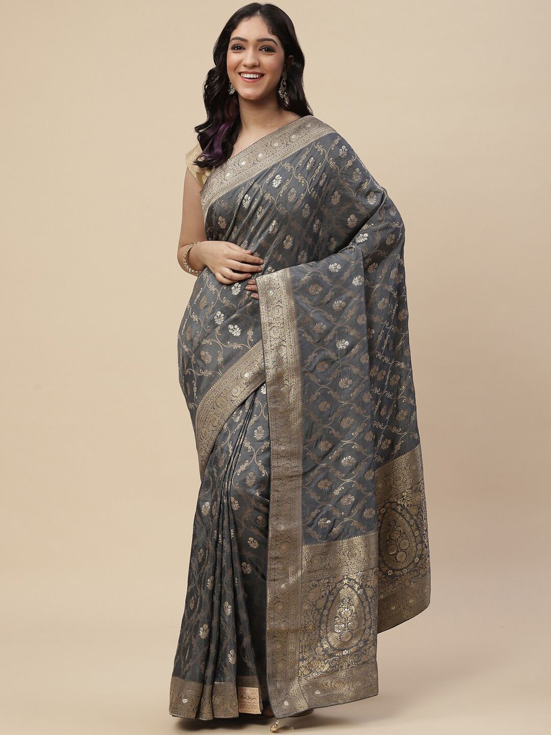 Meena Bazaar Grey & Gold-Toned Woven Design Zari Art Silk Kanjeevaram Saree Price in India