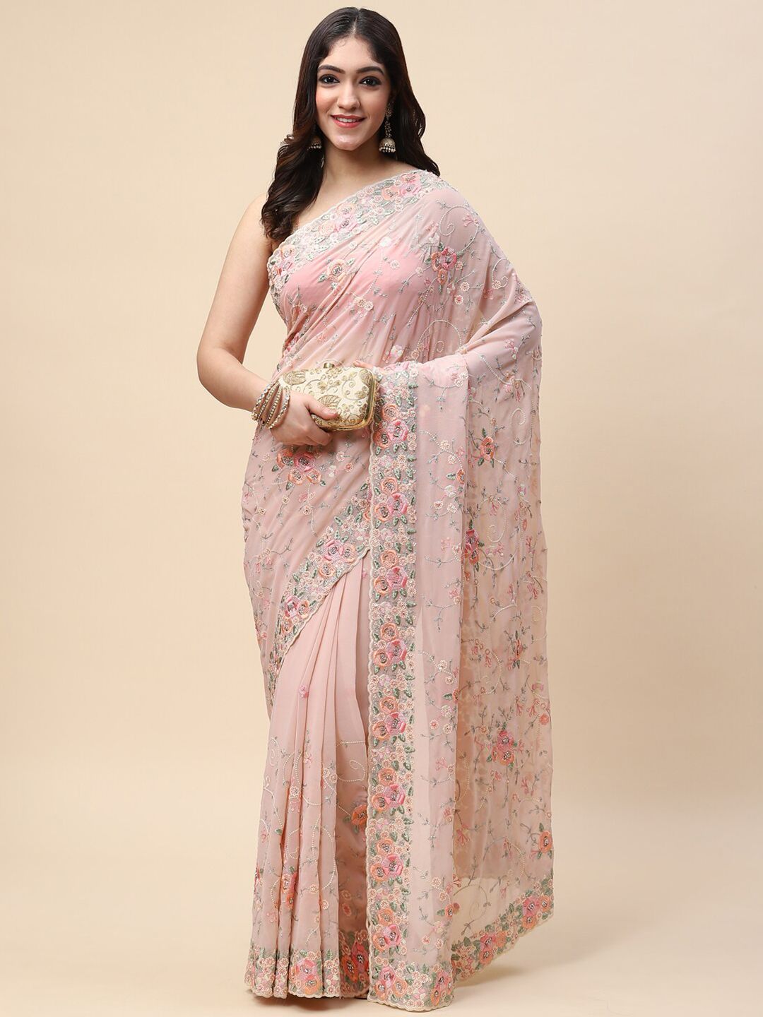 Meena Bazaar Peach-Coloured & Green Embellished Embroidered Saree Price in India