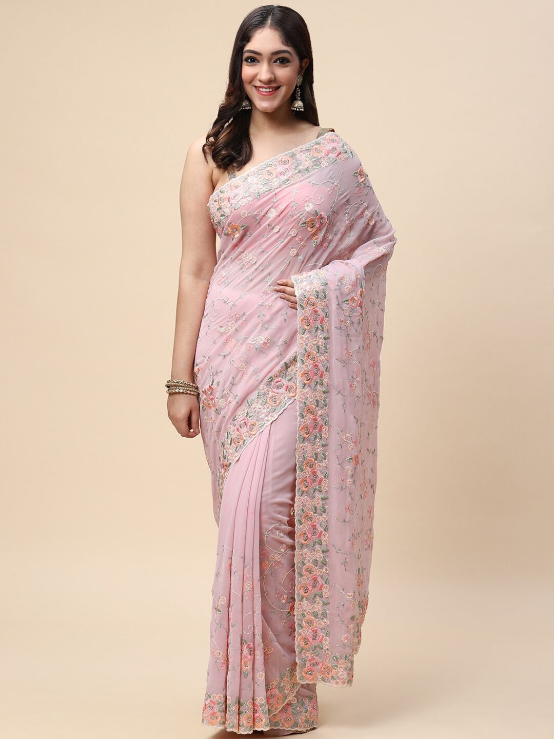 Meena Bazaar Pink & Green Printed Floral Embroidered Saree Price in India