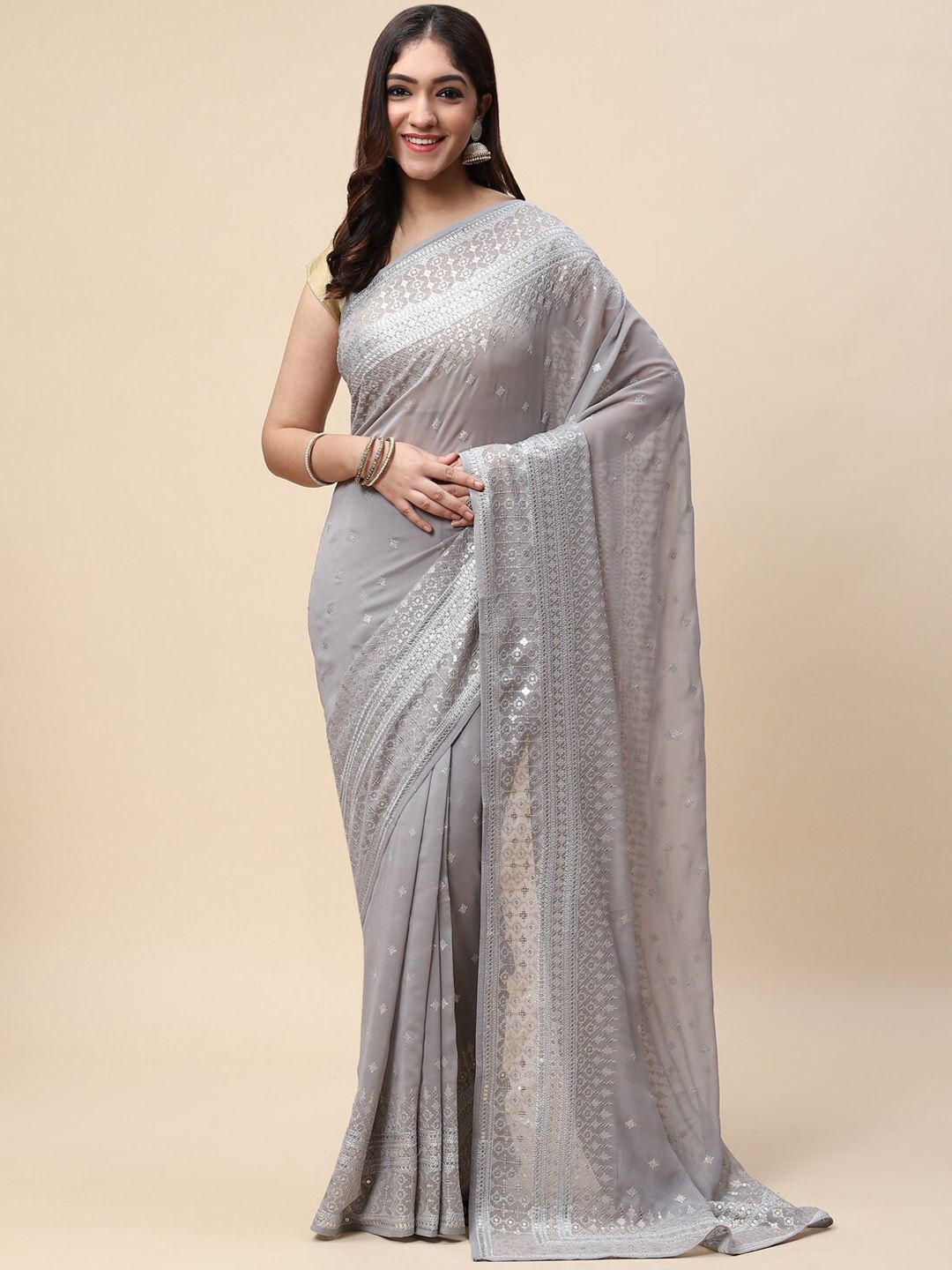 Meena Bazaar Grey & White Floral Embroidered Saree Price in India