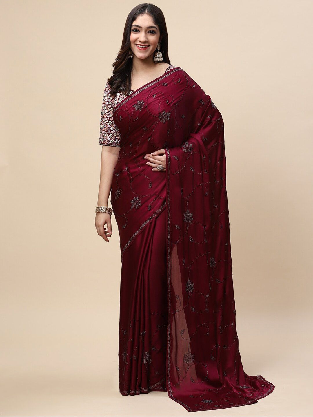 Meena Bazaar Burgundy & Silver-Toned Floral Beads and Stones Satin Saree Price in India