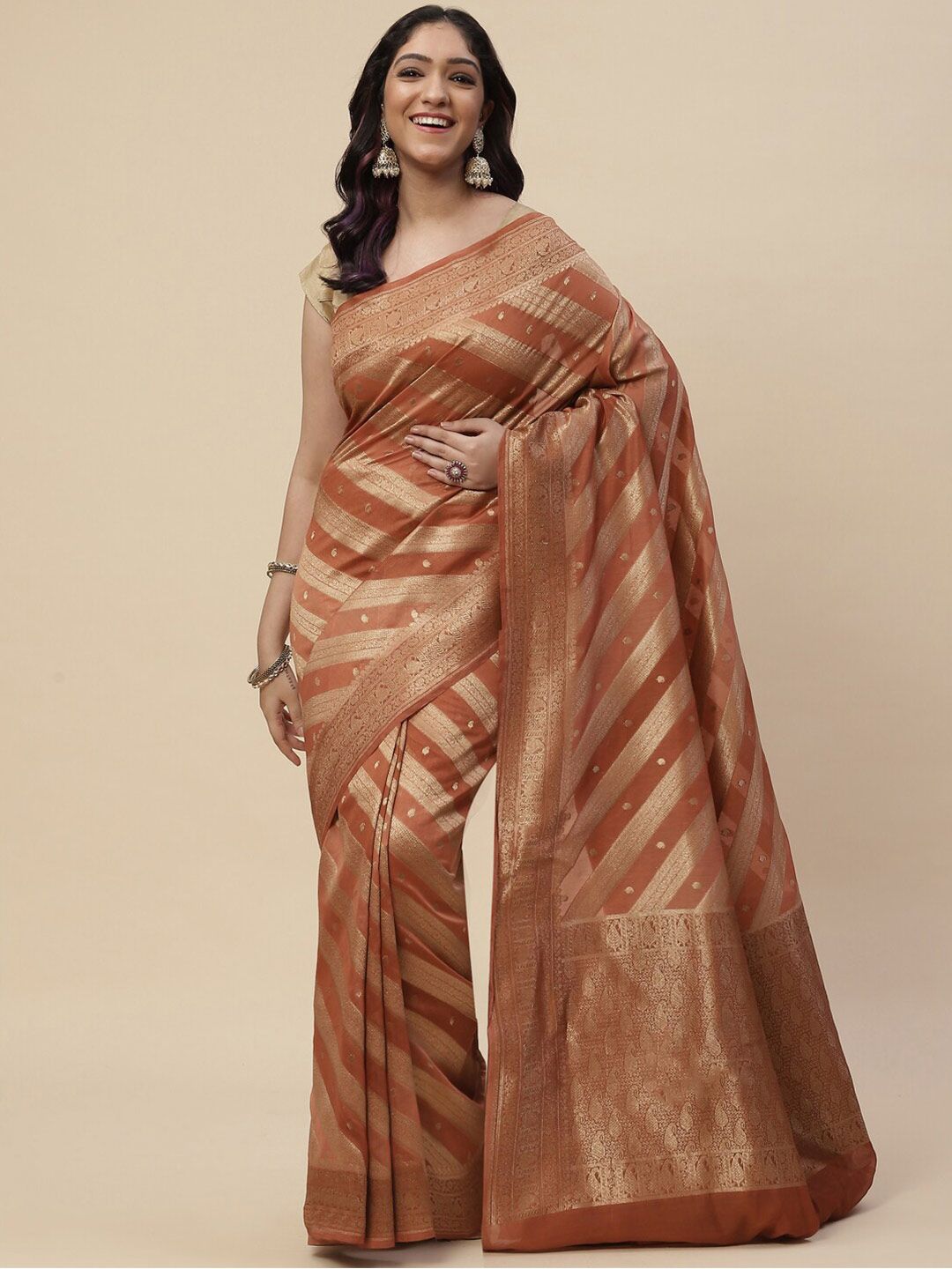 Meena Bazaar Peach-Coloured & Gold-Toned Striped Zari Silk Cotton Kanjeevaram Saree Price in India