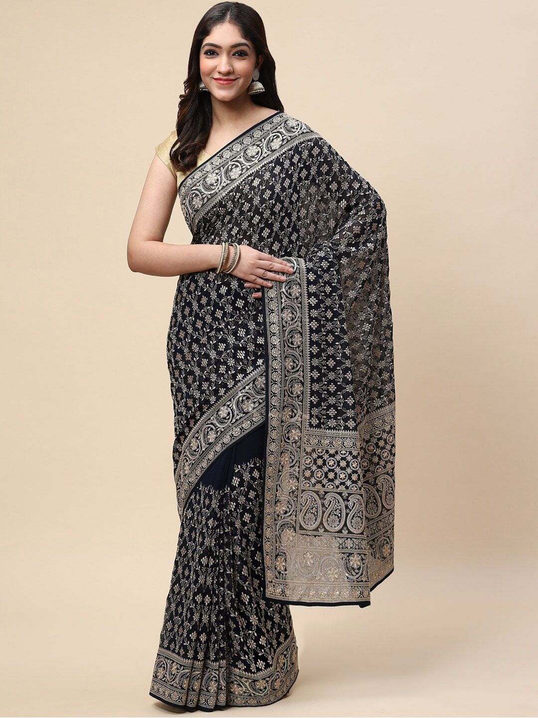 Meena Bazaar Navy Blue & White Floral Embroidered Saree Price in India
