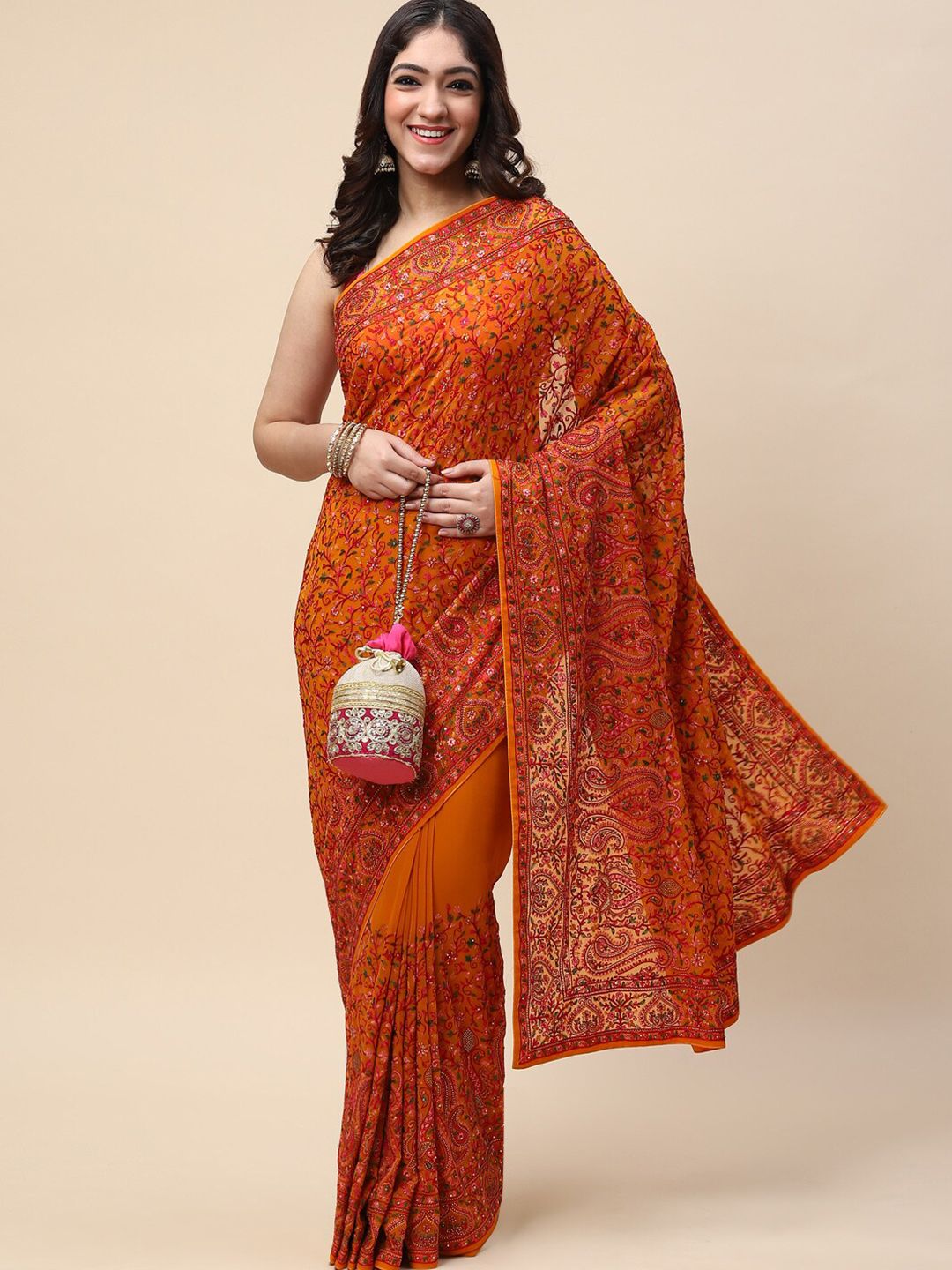 Meena Bazaar Mustard & Orange Floral Embroidered Saree Price in India