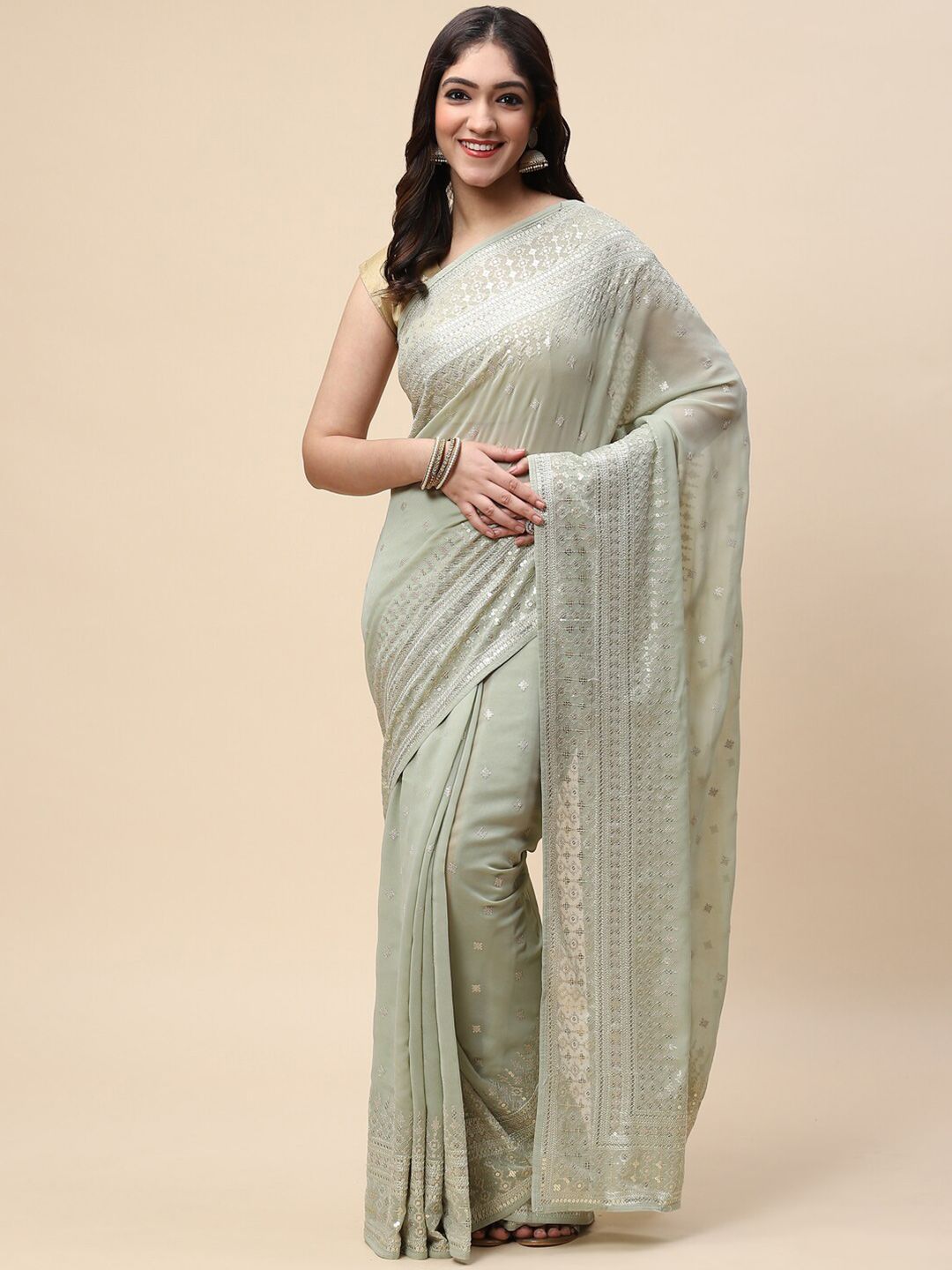 Meena Bazaar Sea Green & Silver-Toned Sequinned Embroidered Saree Price in India