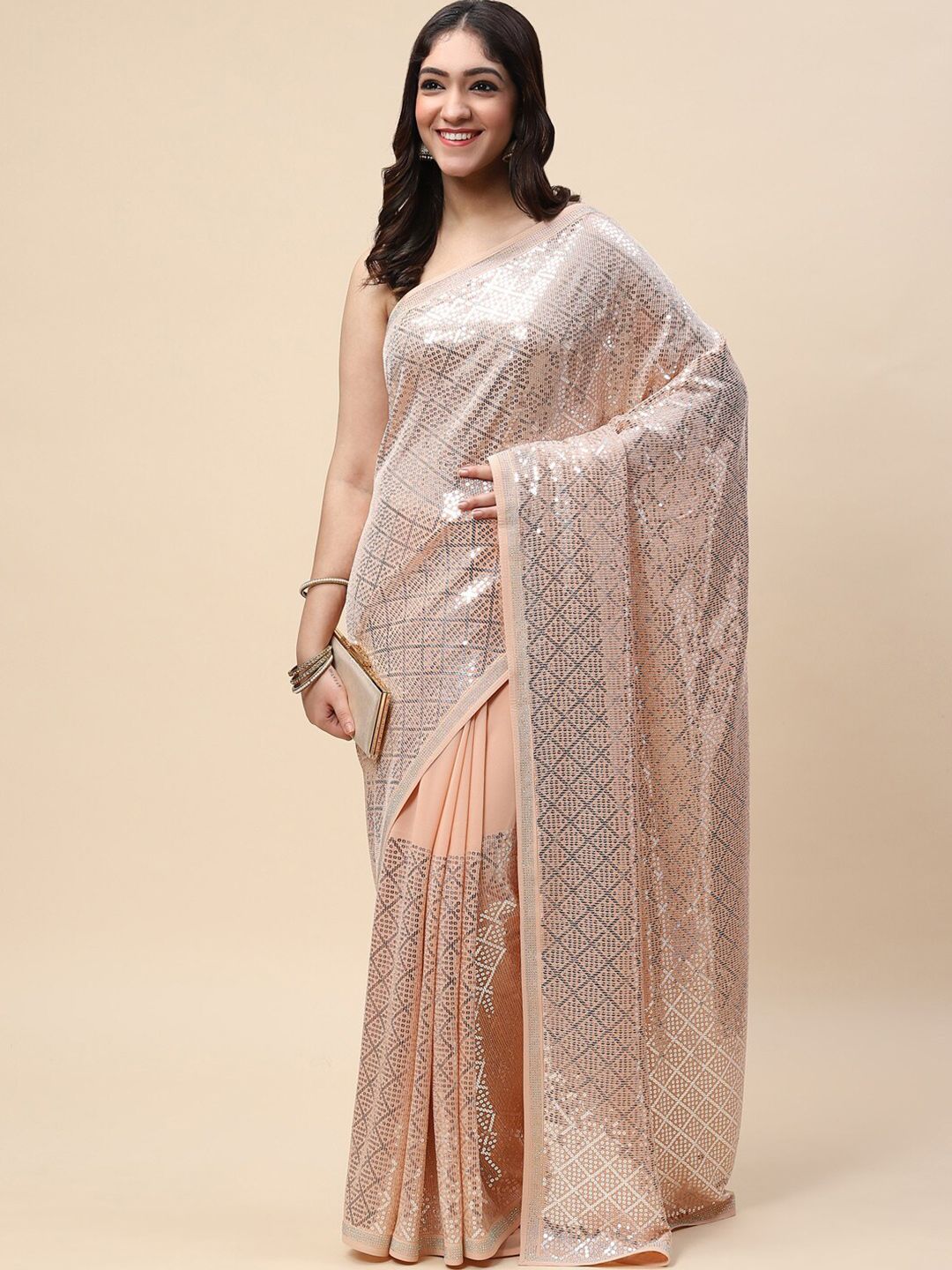 Meena Bazaar Peach-Coloured & Silver-Toned Embellished Sequinned Saree Price in India