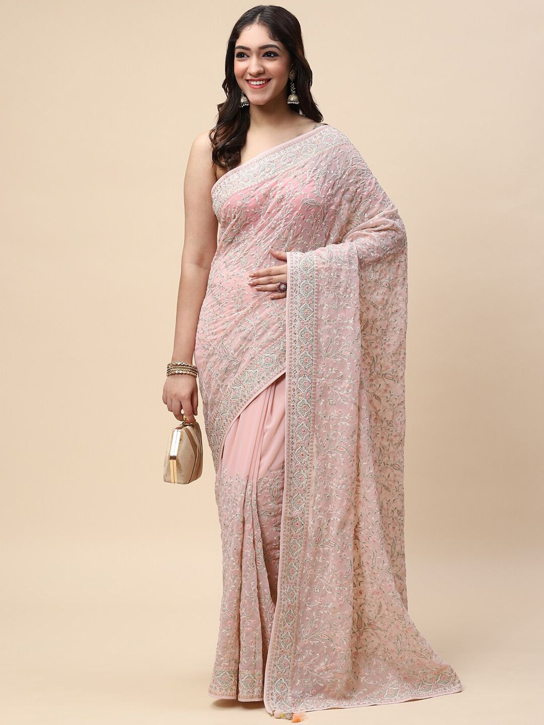 Meena Bazaar Peach-Coloured & Green Floral Embroidered Saree Price in India