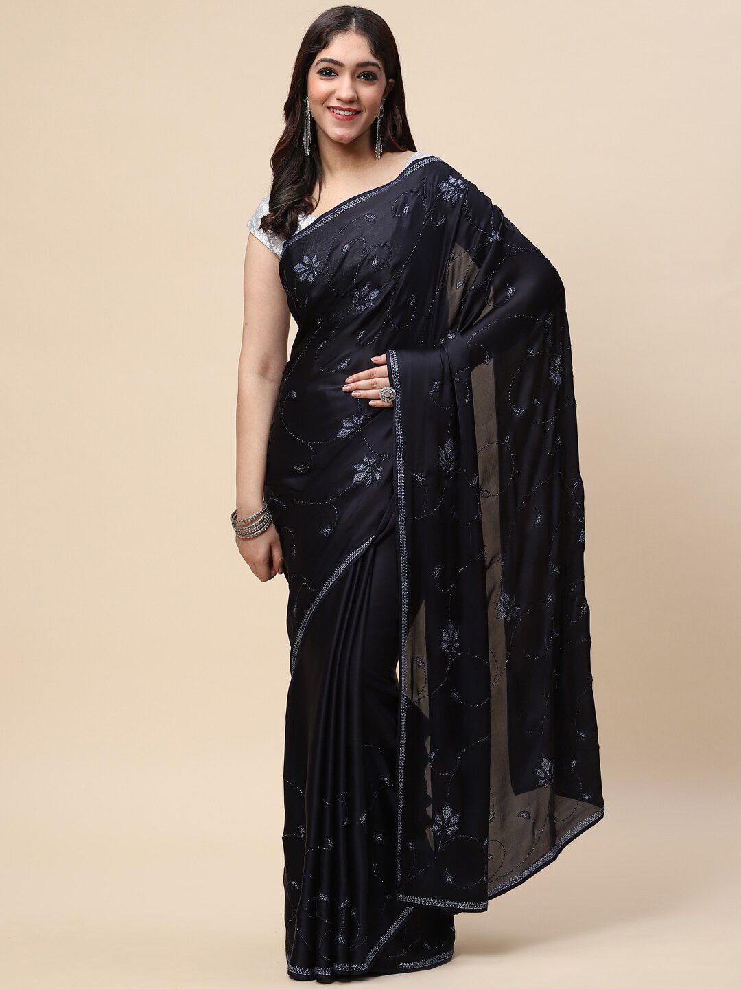 Meena Bazaar Navy Blue & Silver-Toned Embellished Beads and Stones Satin Saree Price in India