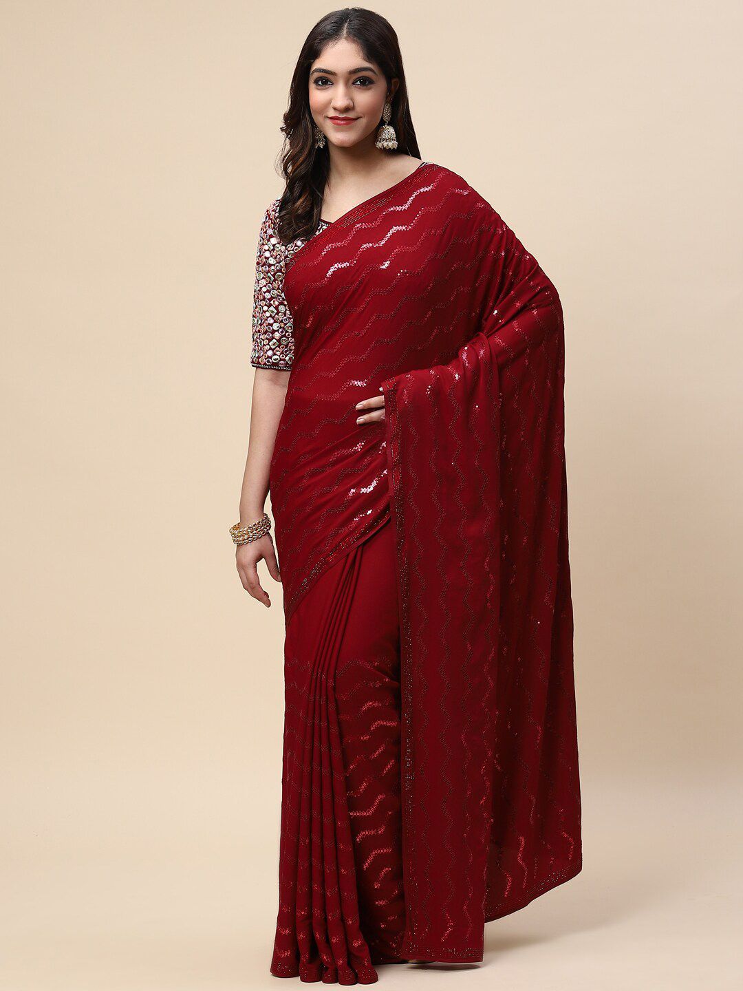 Meena Bazaar Maroon & Silver-Toned Embellished Sequinned Pure Crepe Saree Price in India