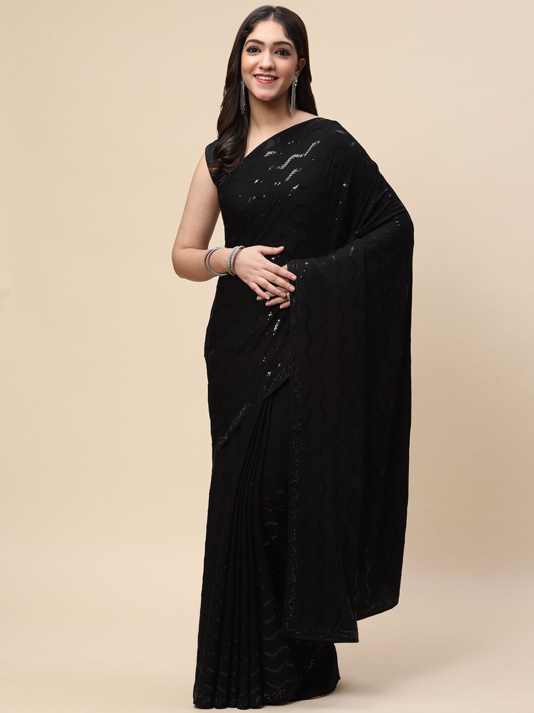 Meena Bazaar Black Embellished Sequinned Pure Crepe Saree Price in India