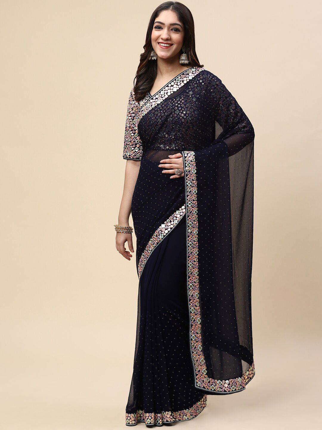 Meena Bazaar Navy Blue & White Embellished Embroidered Beads and Stones Saree Price in India