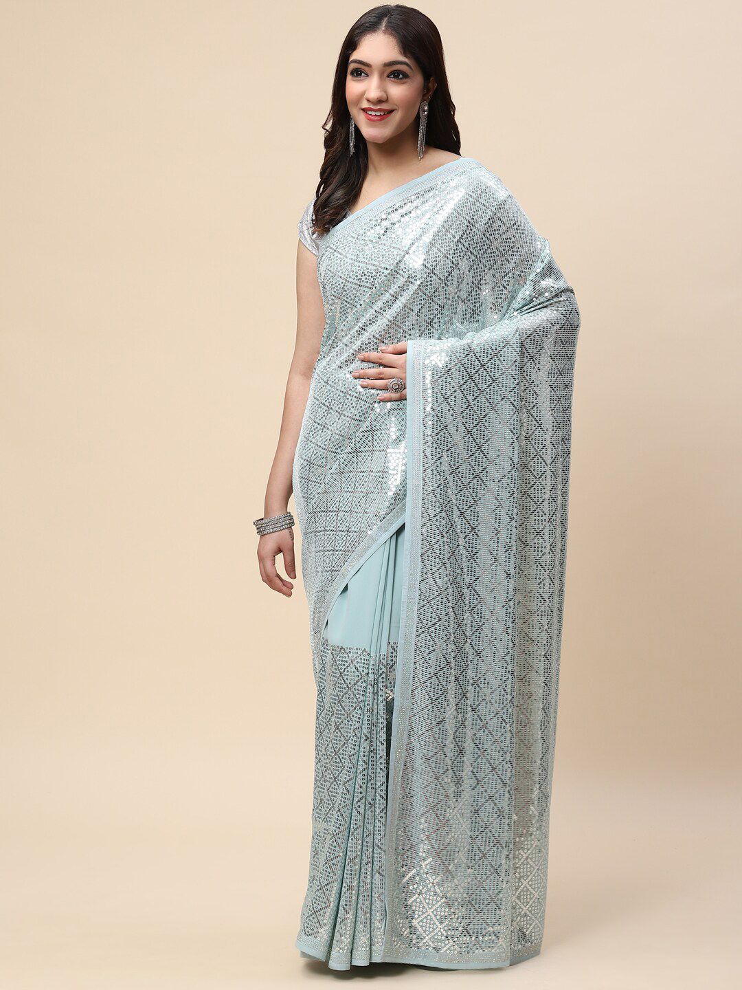 Meena Bazaar Sea Green & Silver-Toned Embellished Sequinned Saree Price in India