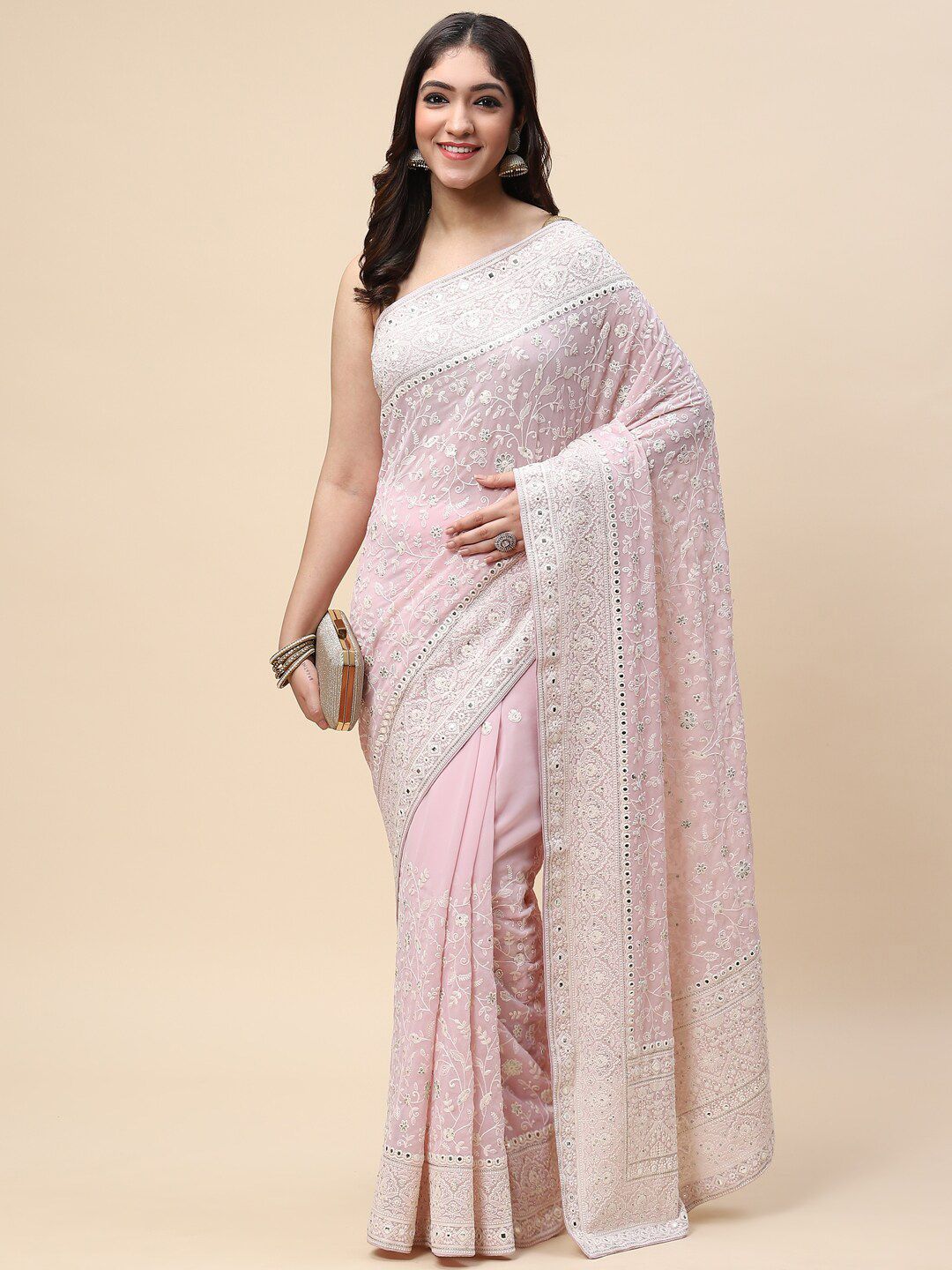 Meena Bazaar Peach-Coloured & White Floral Embroidered Saree Price in India