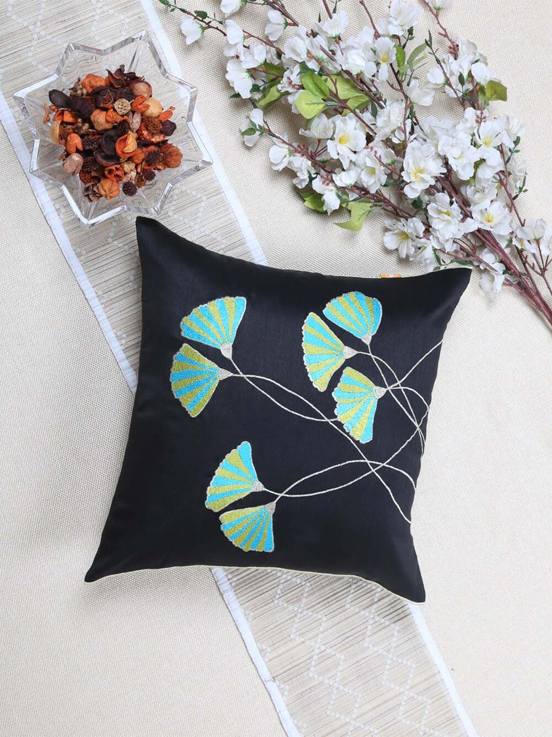ANS Black Floral Polyester Anti-Wrinkle Embroidered Square Cushion Cover - 16 x 16 Inches