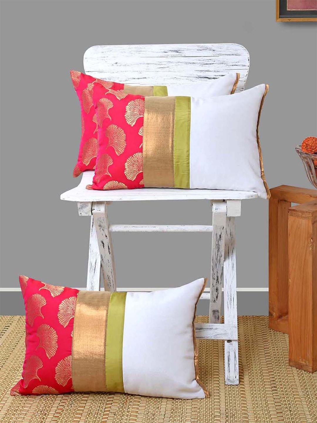 ANS Off White & Pink Set of 3 Ethnic Motifs Rectangle Cushion Covers