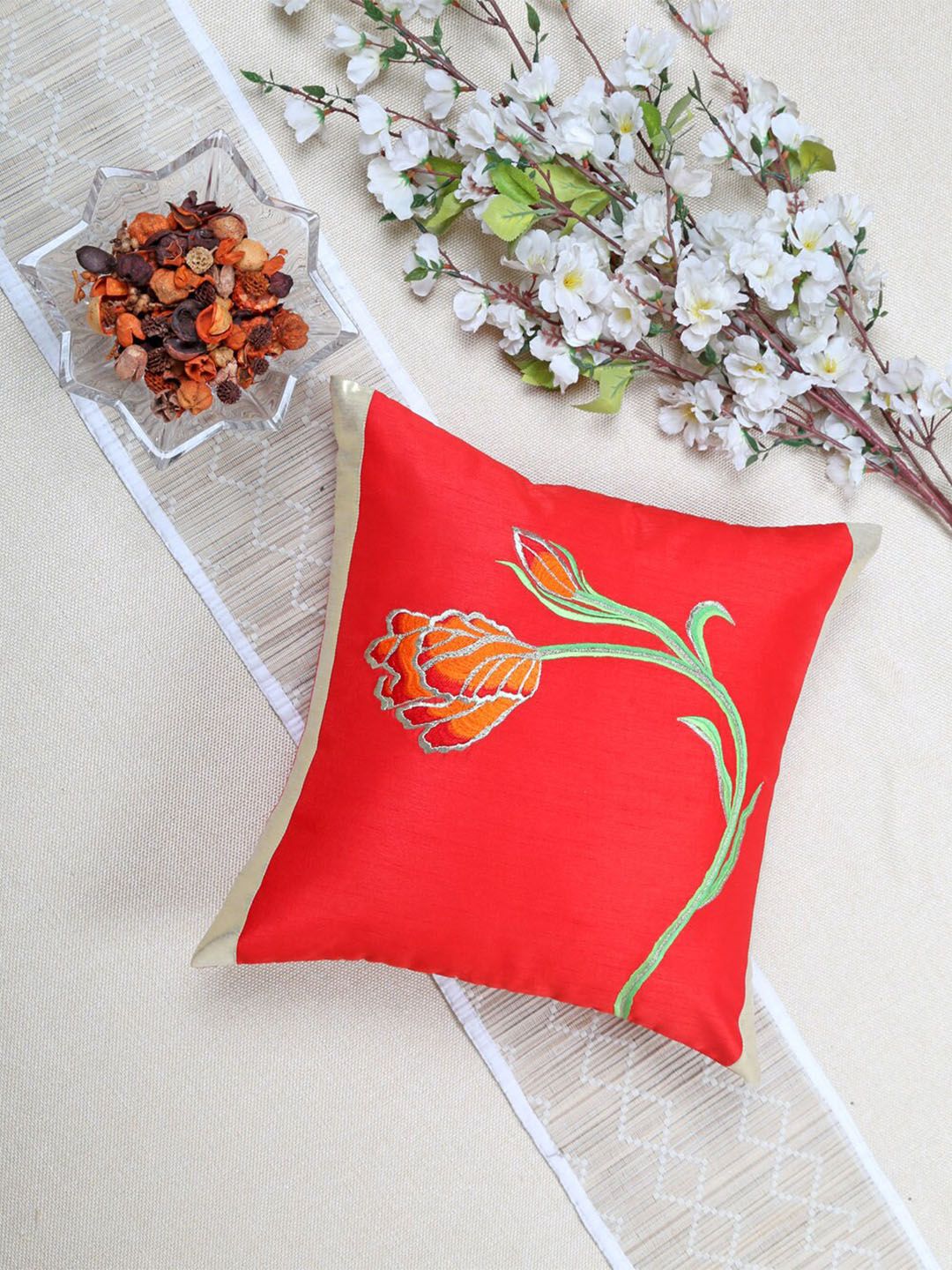 ANS Red & Green Floral Square Cushion Covers