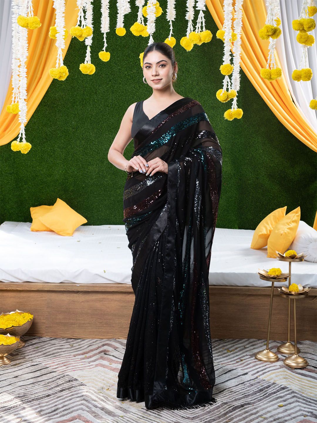 BEATITUDE Black Striped Sequinned Georgette Saree Price in India