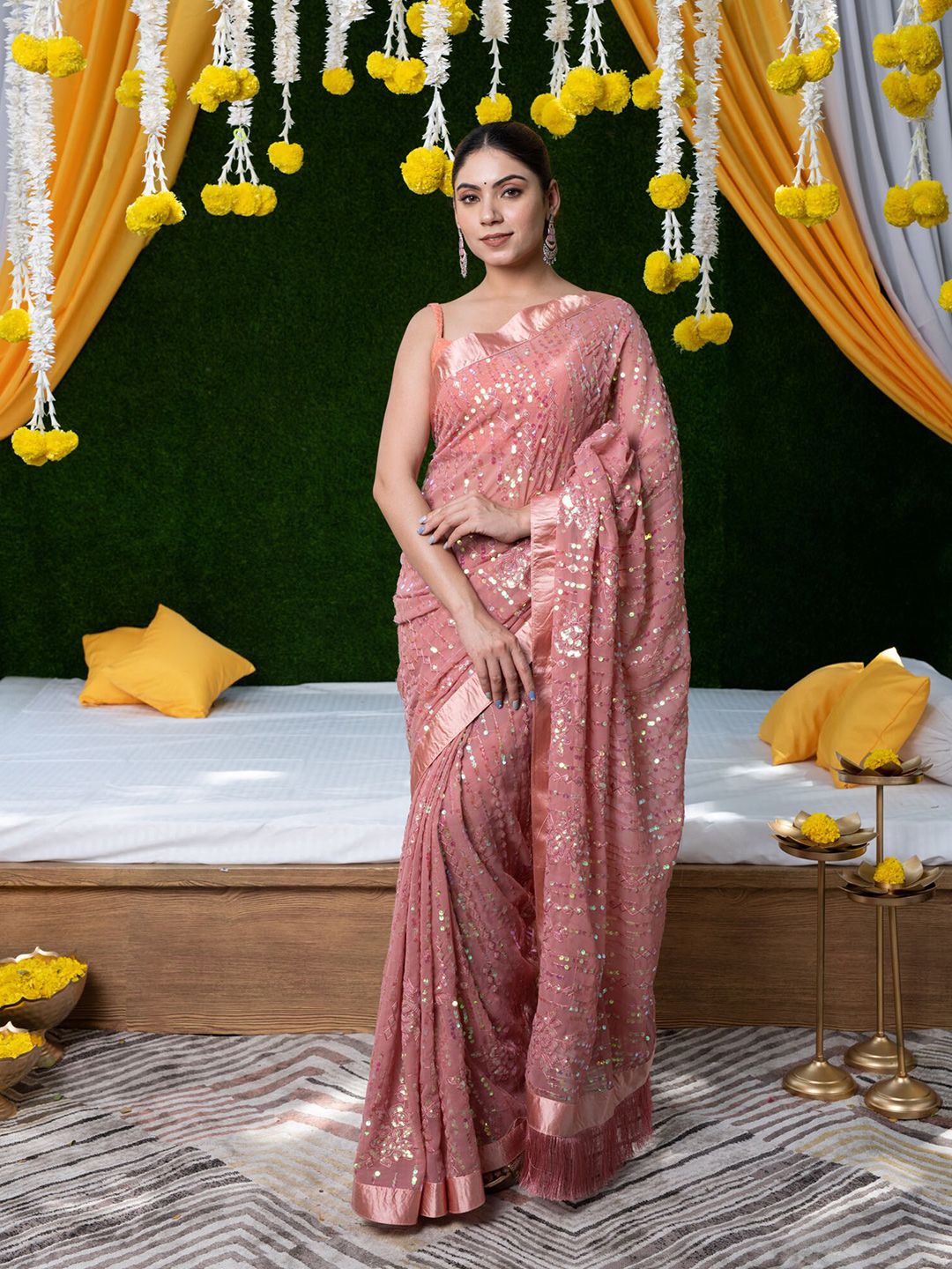 BEATITUDE Pink & Silver-Toned Floral Sequinned Saree Price in India