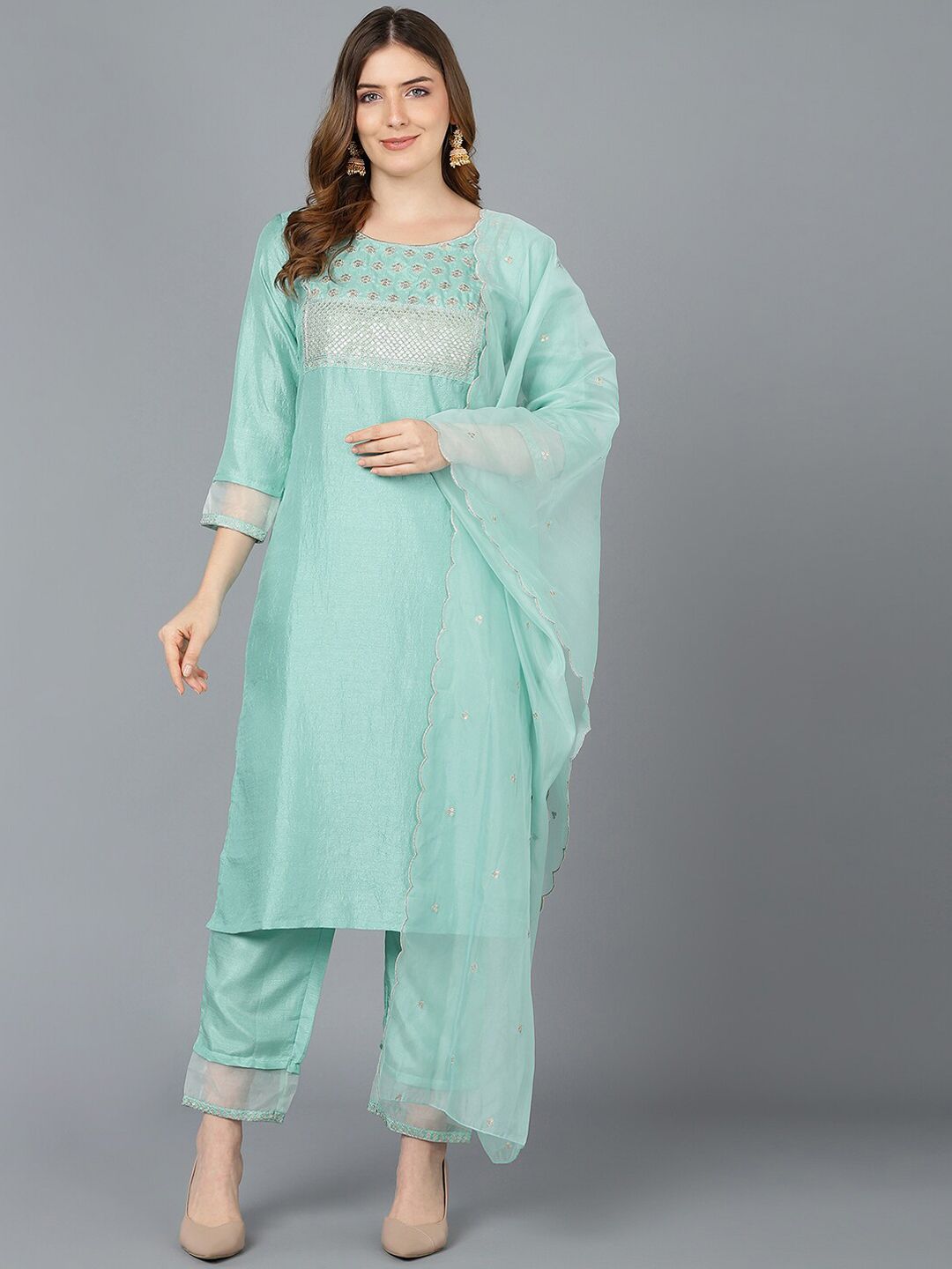 AHIKA Women Turquoise Blue Floral Yoke Design Sequinned Kurta with Trouser With Dupatta Price in India