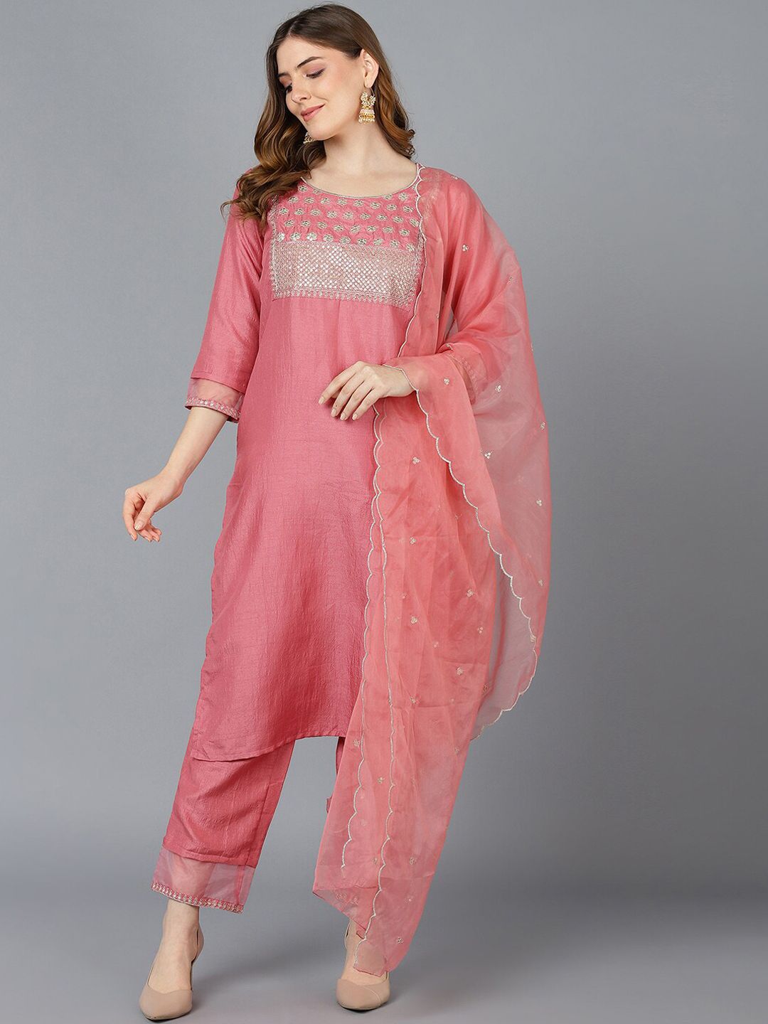 AHIKA Women Peach-Coloured Floral Yoke Design Sequinned Kurta with Trouser With Dupatta Price in India