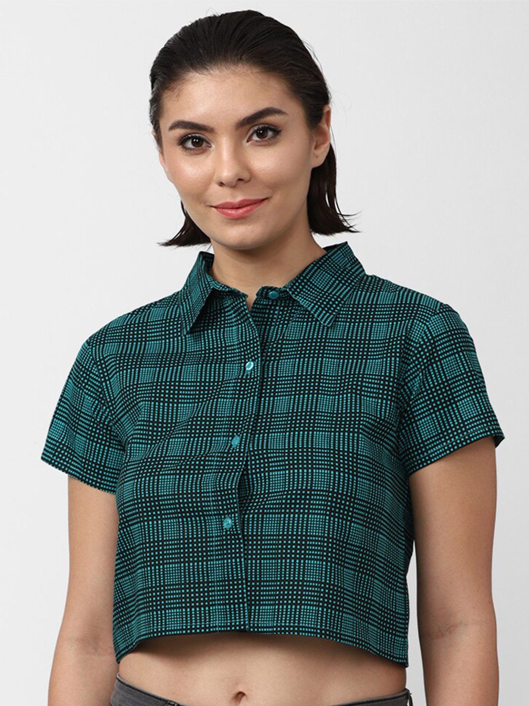 FOREVER 21 Women Green & Black Checked Shirt Style Pure Cotton Crop Top Price in India