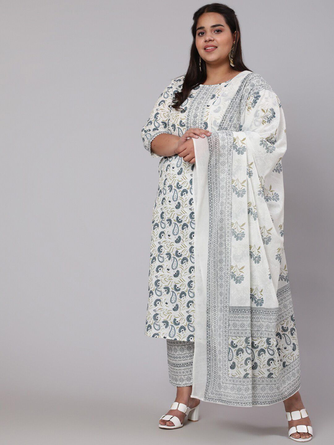 Nayo Women Grey Floral Printed Pure Cotton Kurta with Palazzos & With Dupatta Price in India