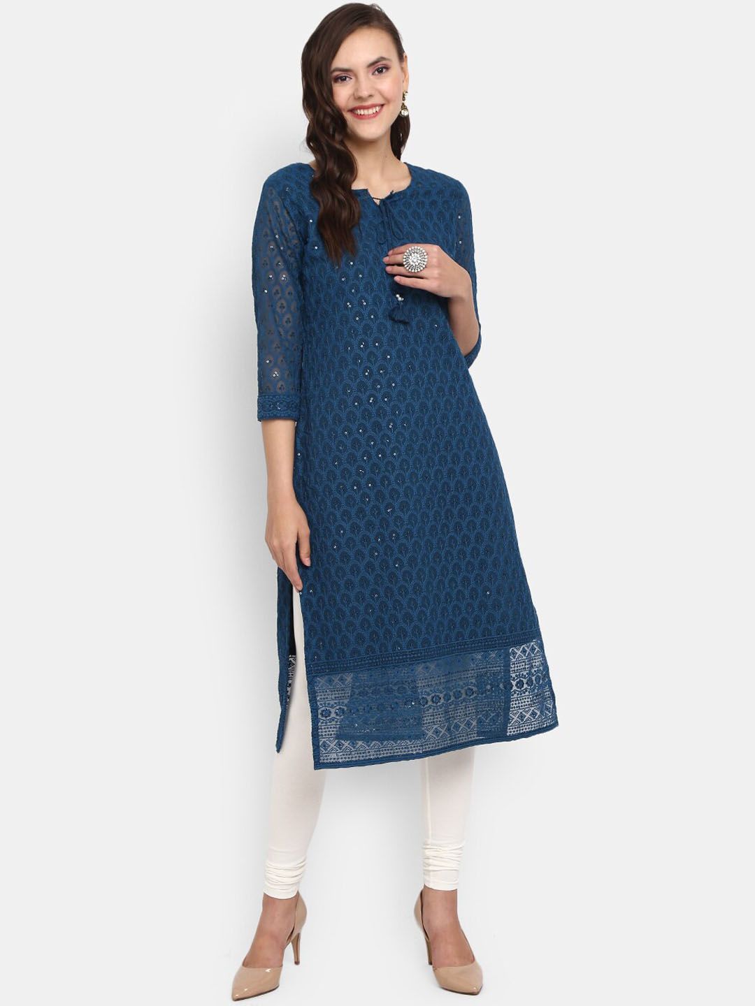 V-Mart Women Navy Blue Ethnic Motifs Embroidered Thread Work Kurta Price in India