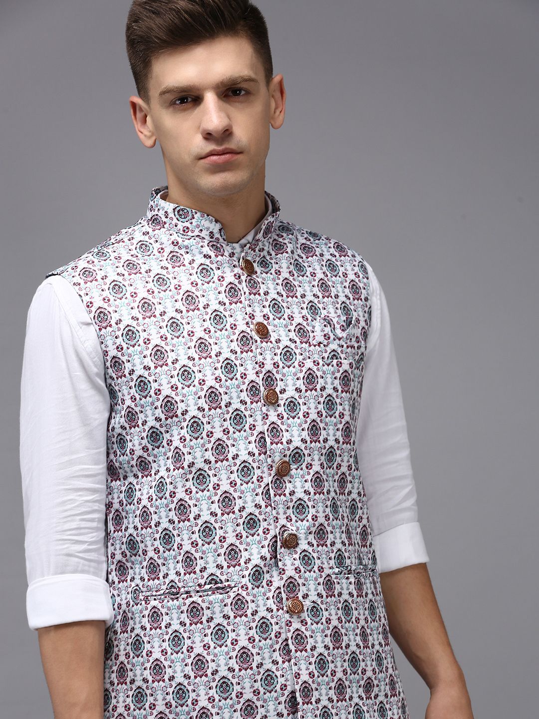 SHOWOFFFF Men White Floral-Printed Woven Nehru Jacket