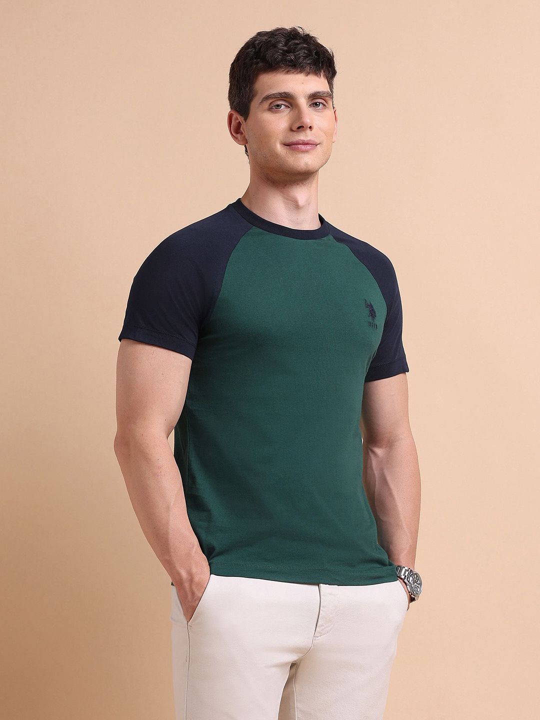 U S Polo Assn. Men Green & Black  Varsity Colourblocked Cotton T-Shirt
