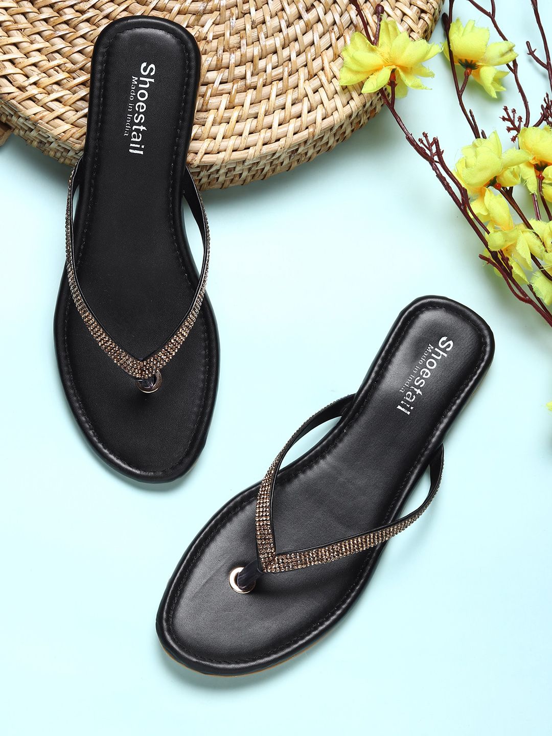 Shoestail Women Black Embellished T-Strap Flats Price in India