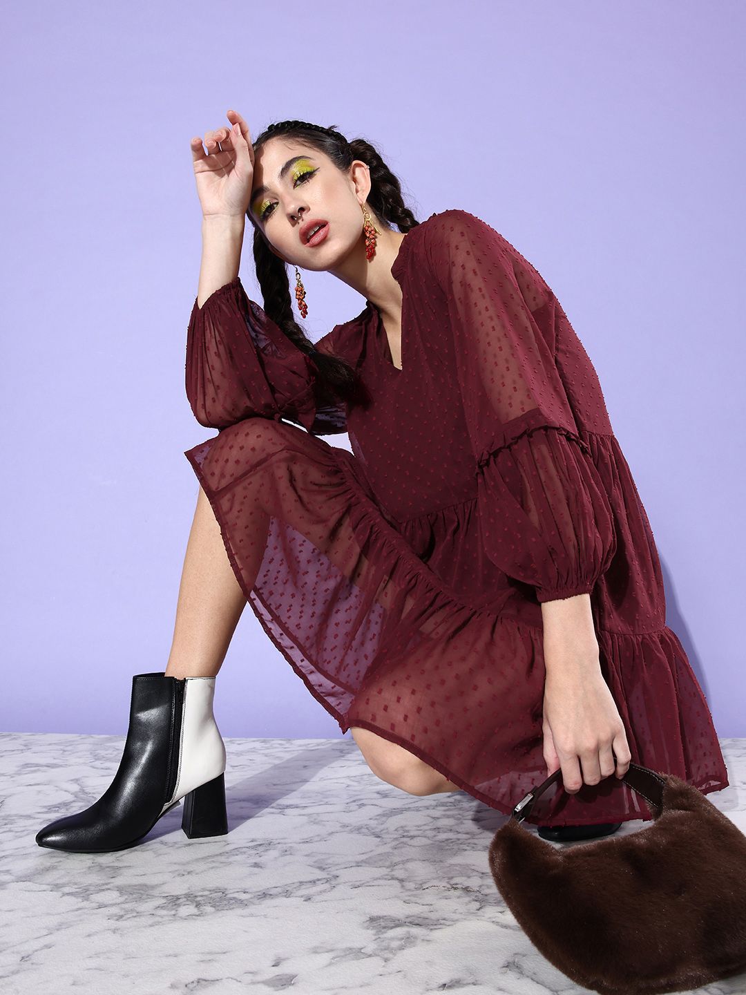 The Roadster Lifestyle Co. Maroon Pure Cotton Dobby Tired Emo 2.0 Sheer saga A-Line Dress Price in India