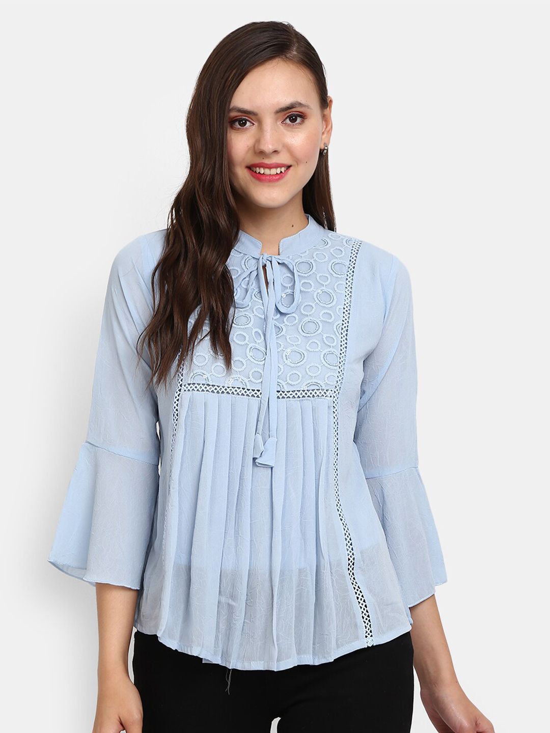 V-Mart Blue Pure CottonTie-Up Neck Top Price in India