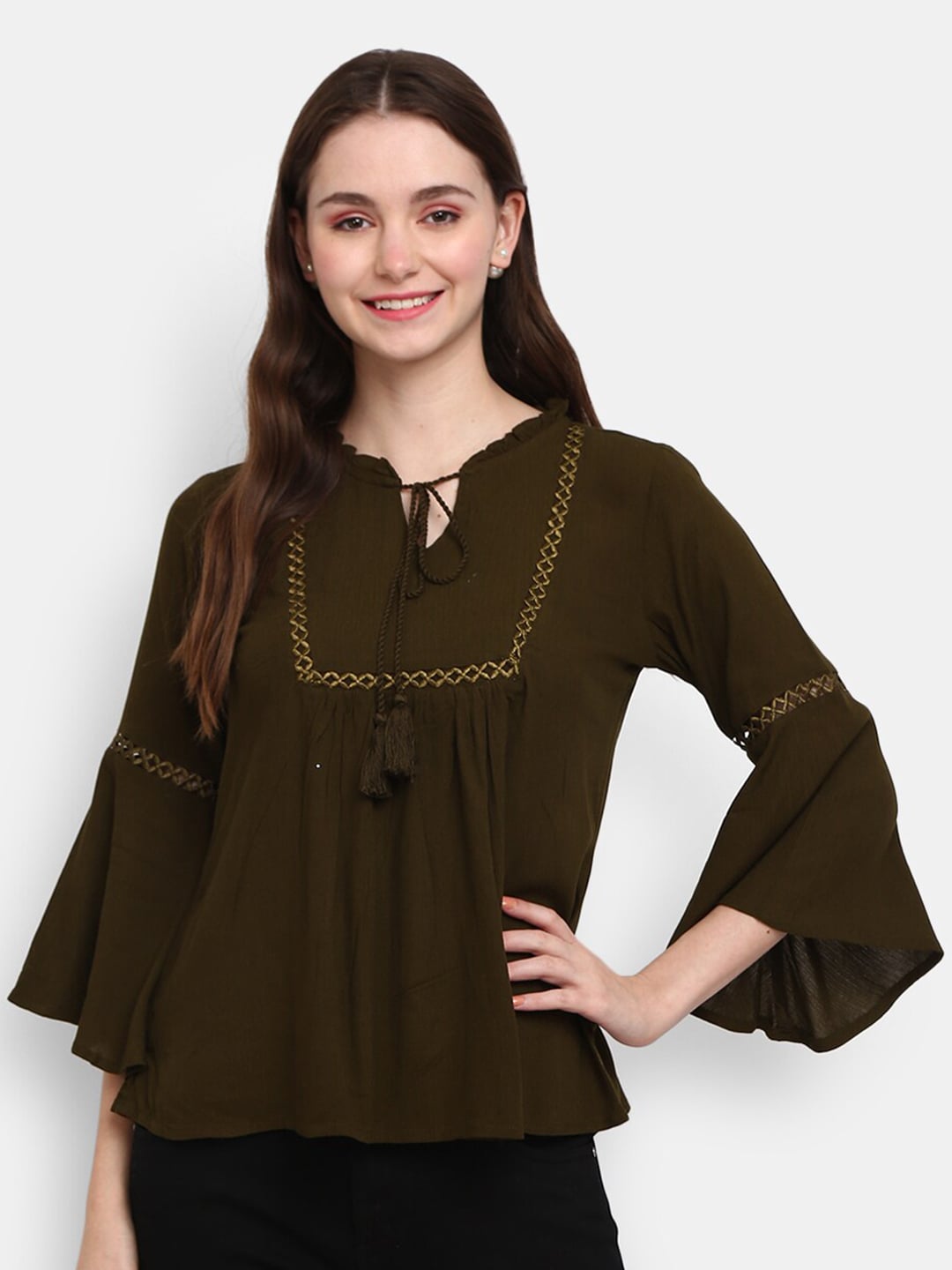 V-Mart Olive Green Tie-Up Neck Chiffon Top Price in India