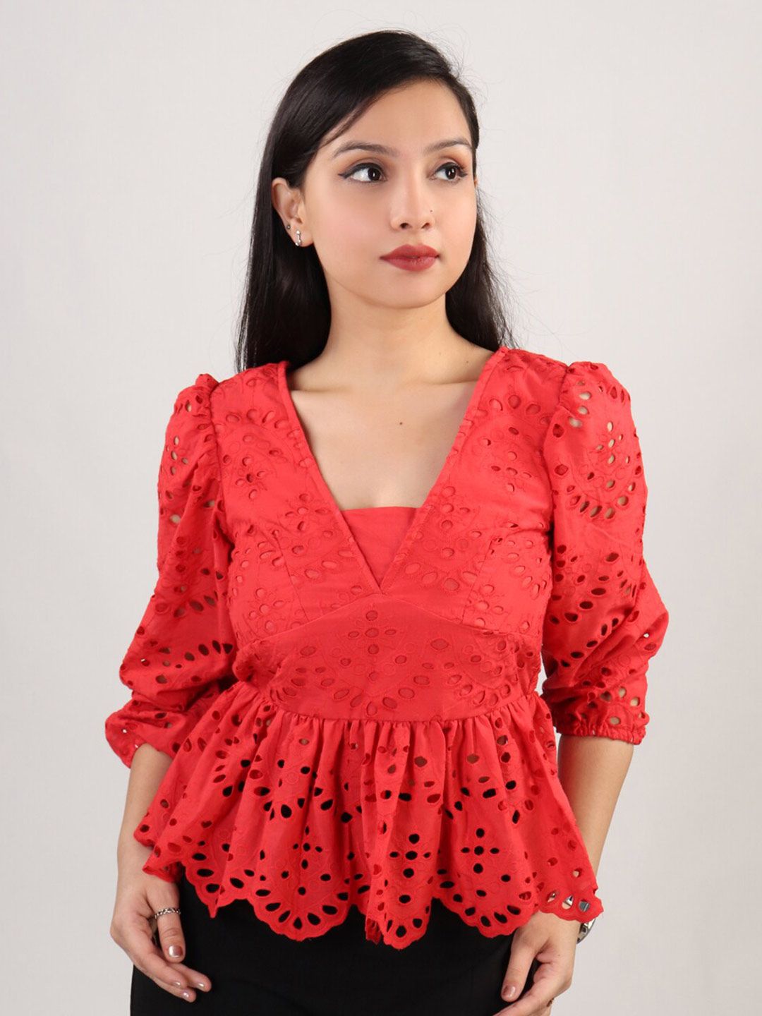 The Label Bar Orange Schiffli Peplum Top Price in India