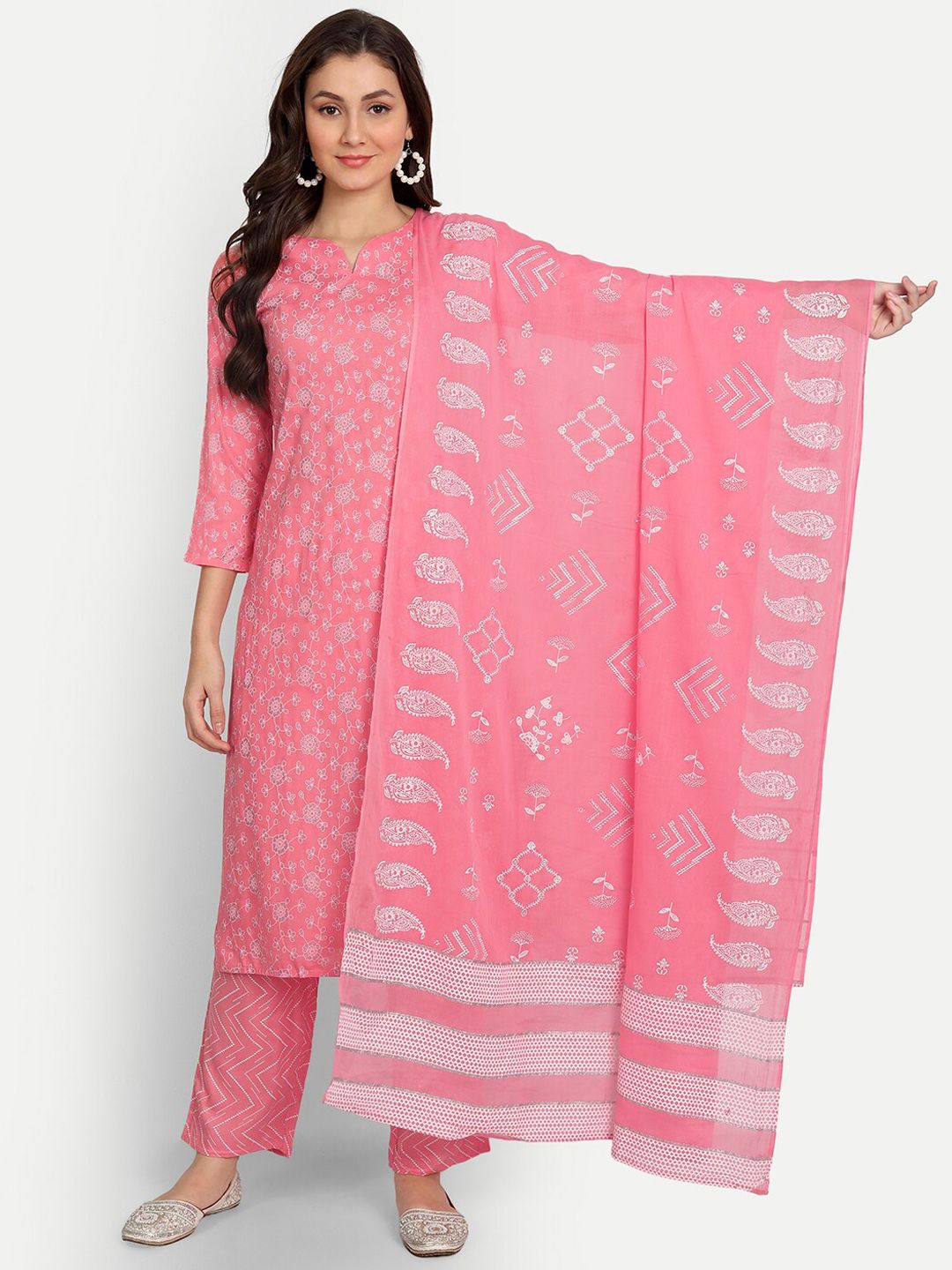 Haute and Humble Women Pink Floral Printed Kurta with Trouser & Dupatta Price in India