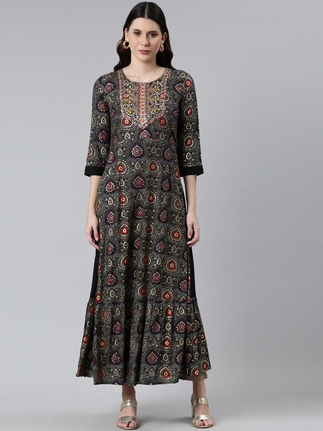 Neerus Women Black Floral Printed Anarkali Kurta Price in India