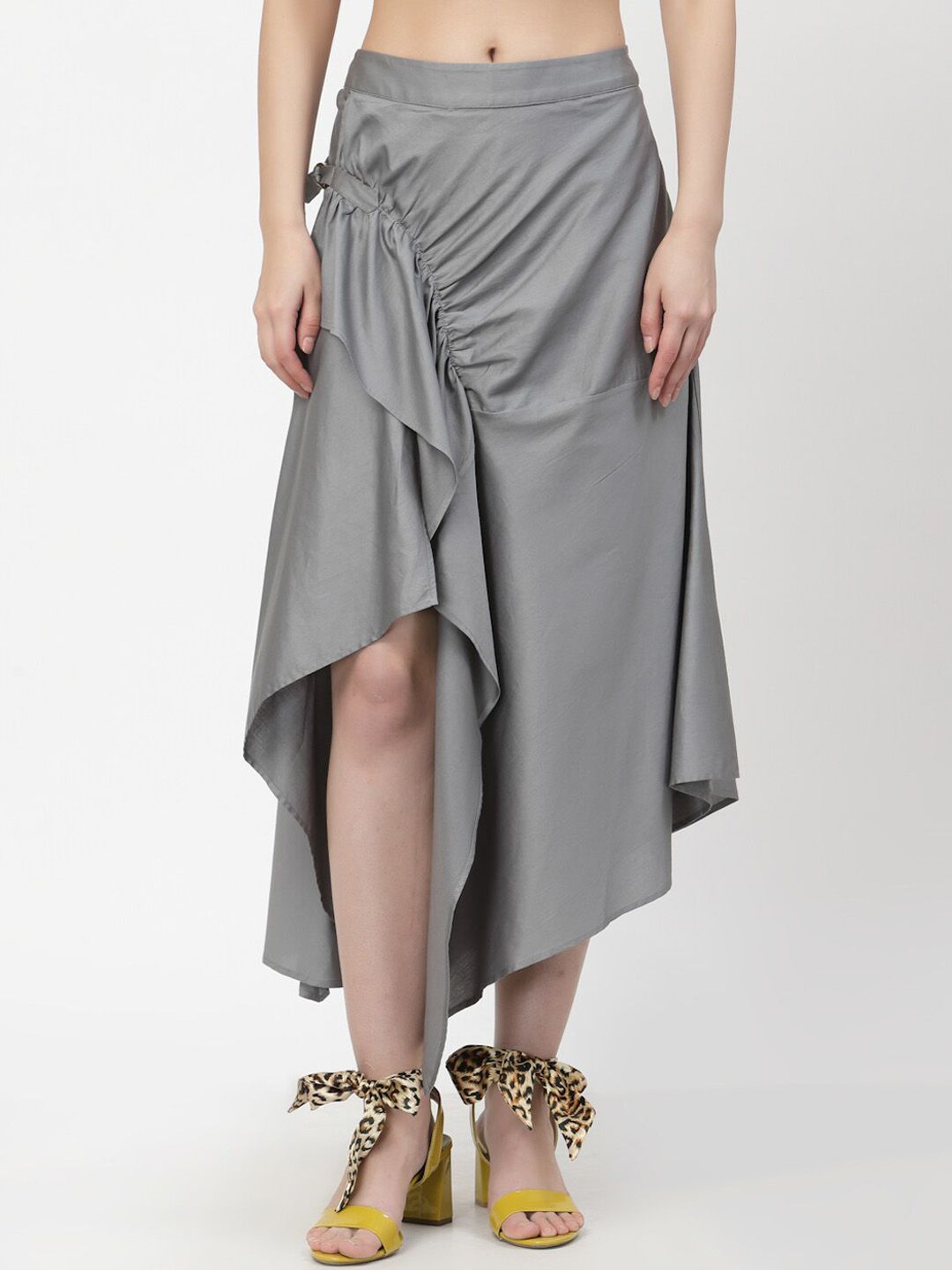 LELA Women Grey Solid Midi Skirt Price in India