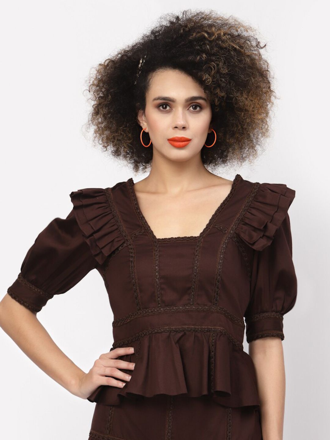 LELA Chocolate Brown Peplum Top with Lace Detail Price in India