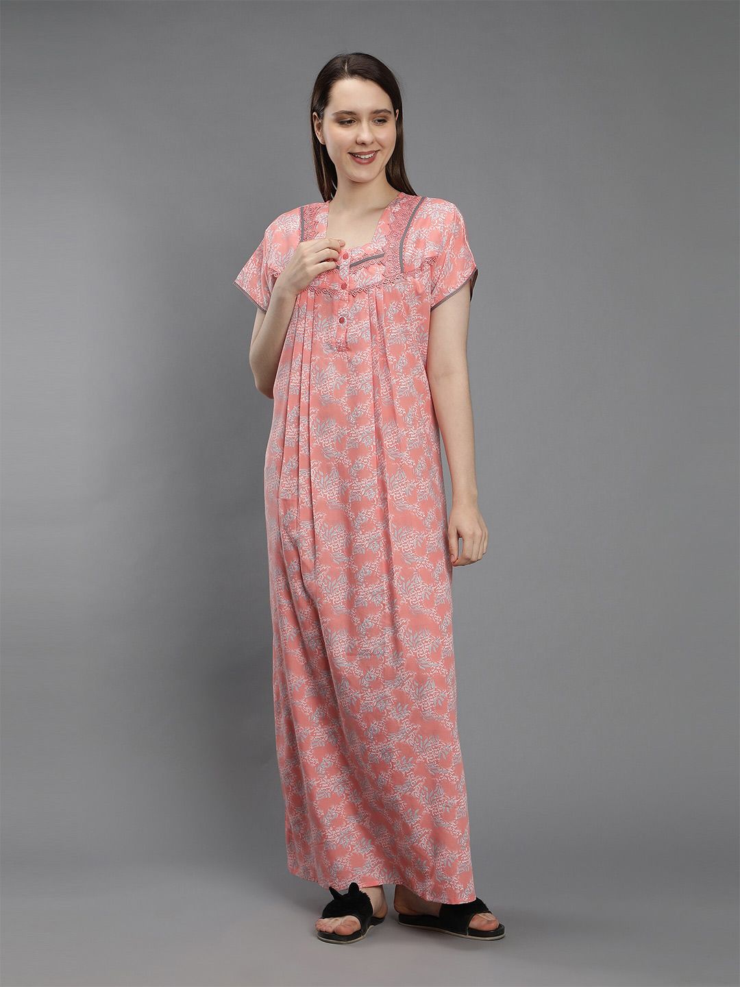 NIGHTSPREE Peach-Coloured Printed Maxi Pure Cotton Nightdress