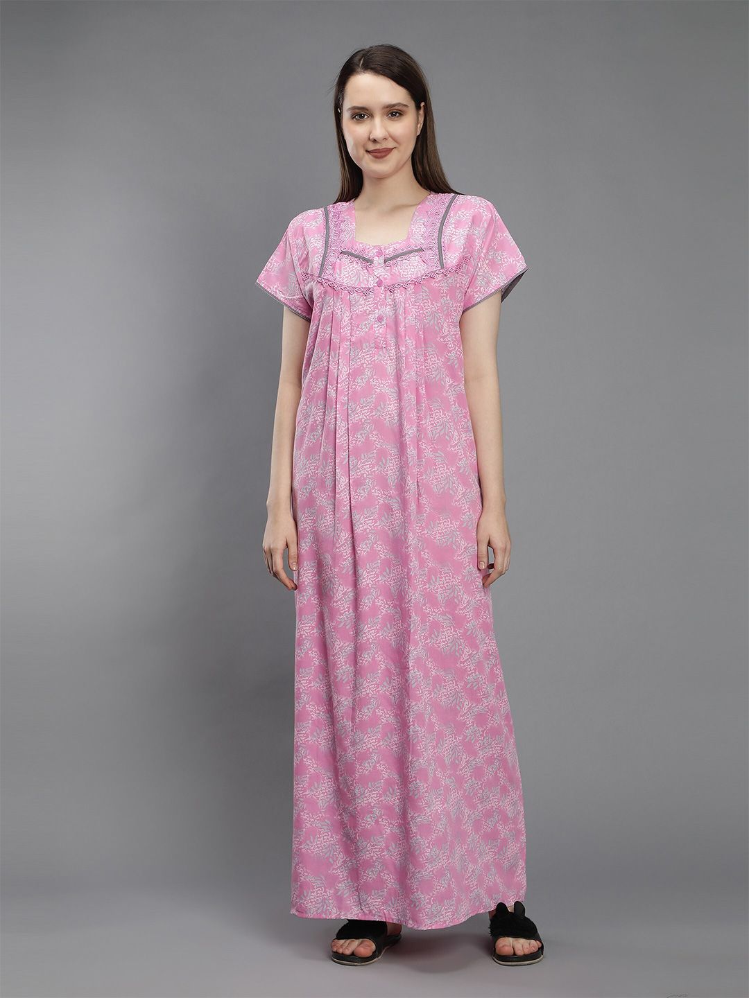 NIGHTSPREE Pink Printed Maxi Pure Cotton Nightdress