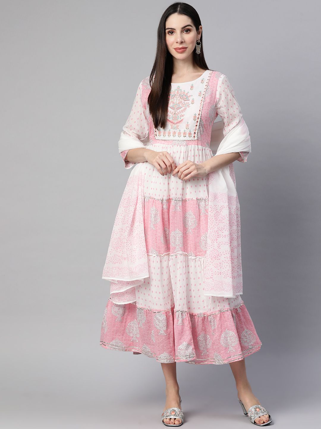 Readiprint Fashions Pink & White Pure Cotton Ethnic Motifs Ethnic Gown Price in India