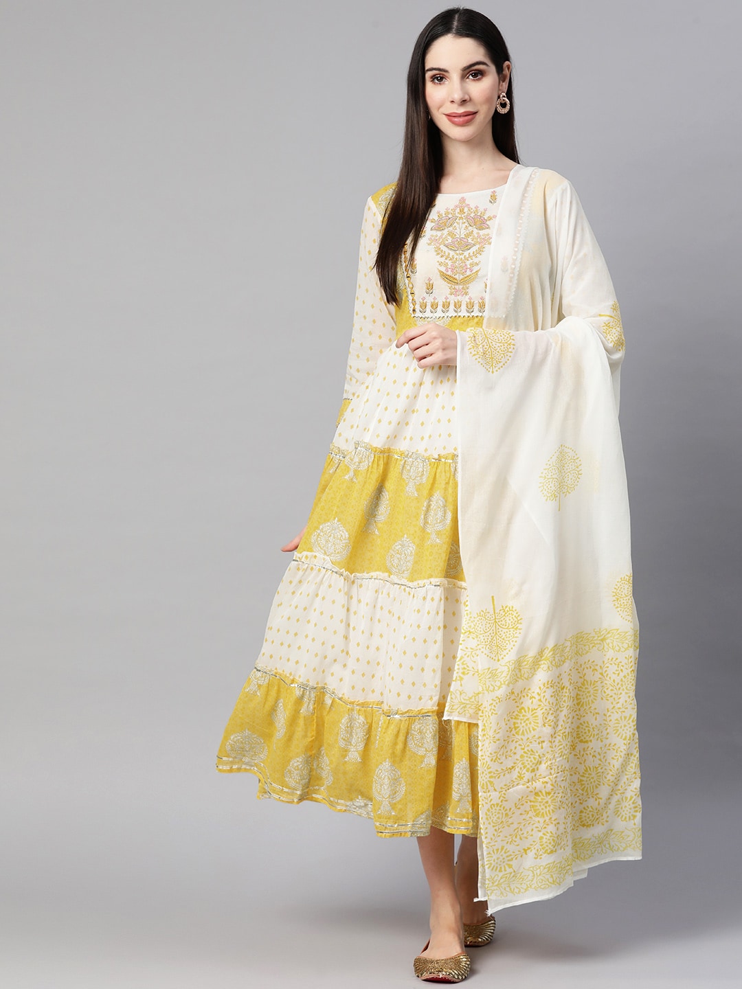 Readiprint Fashions Yellow & White Ethnic Motifs Printed Gown Price in India