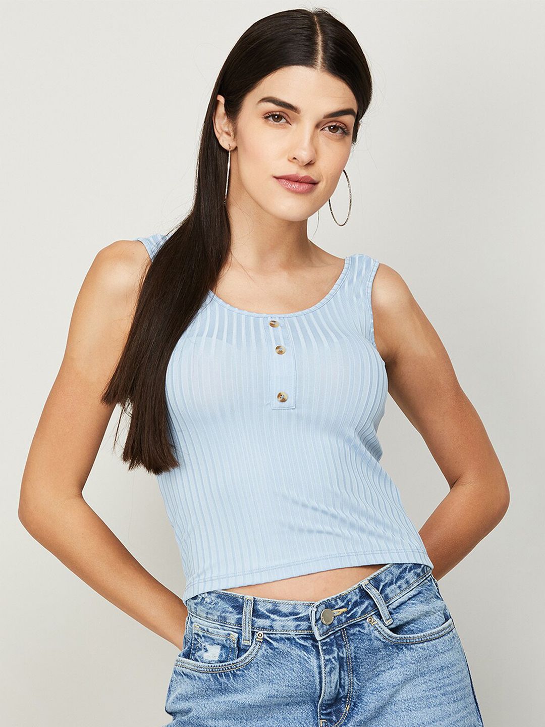Ginger by Lifestyle Women Blue Striped Crop Top Price in India