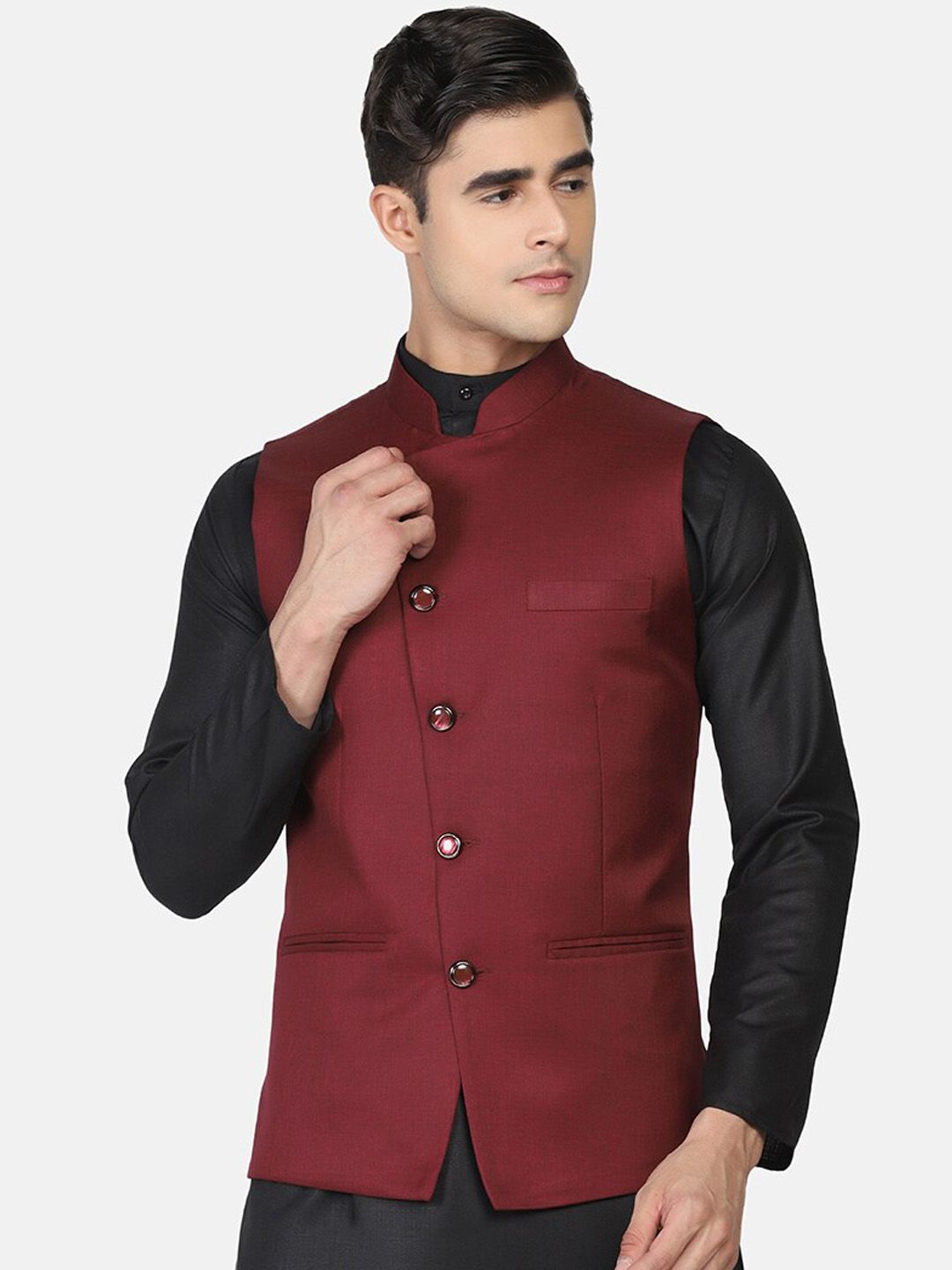 TAHVO Men Maroon Solid Nehru Jacket