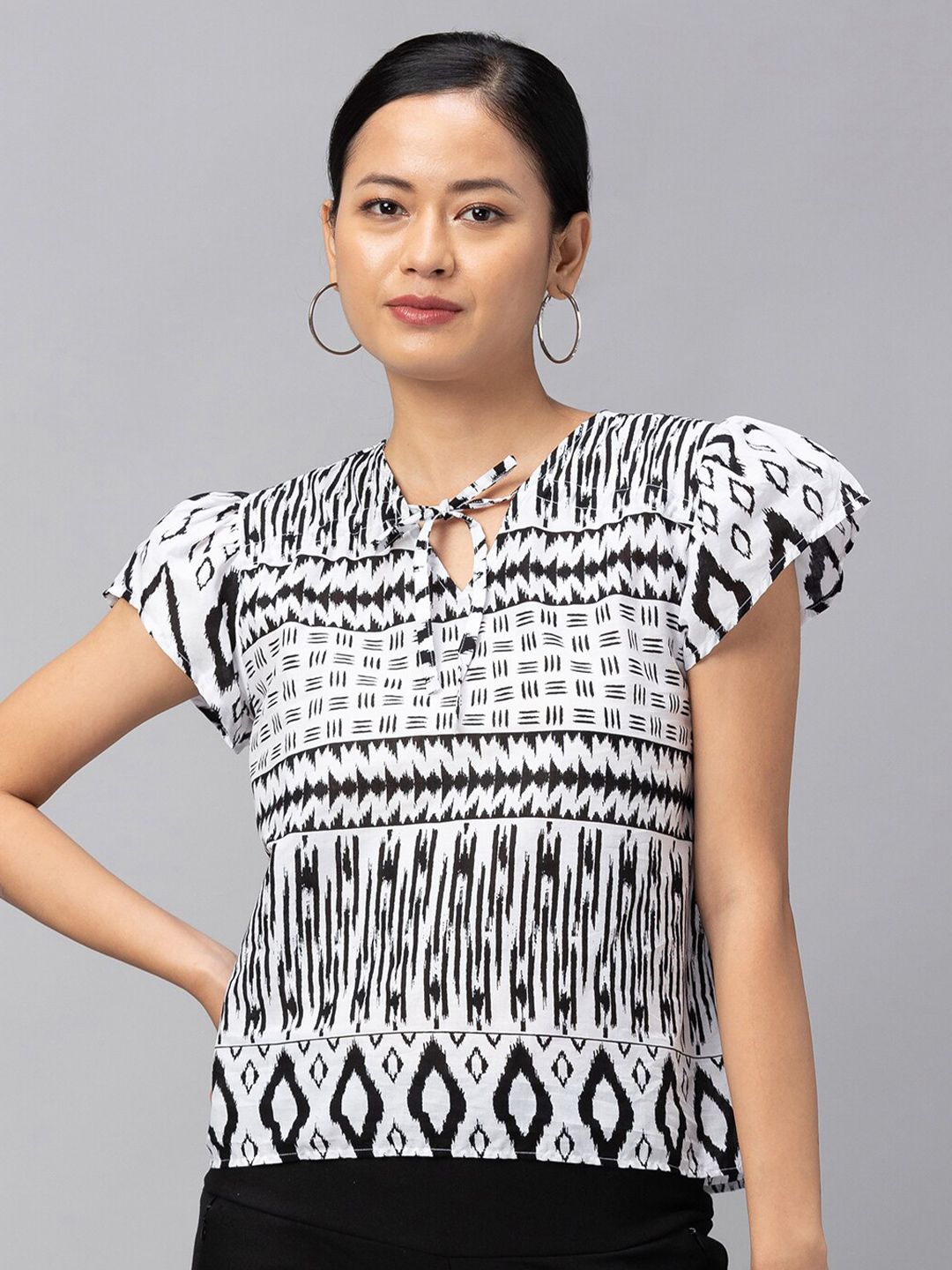 Globus Women White & Black Geometric Print Tie-Up Neck Pure Cotton Top Price in India