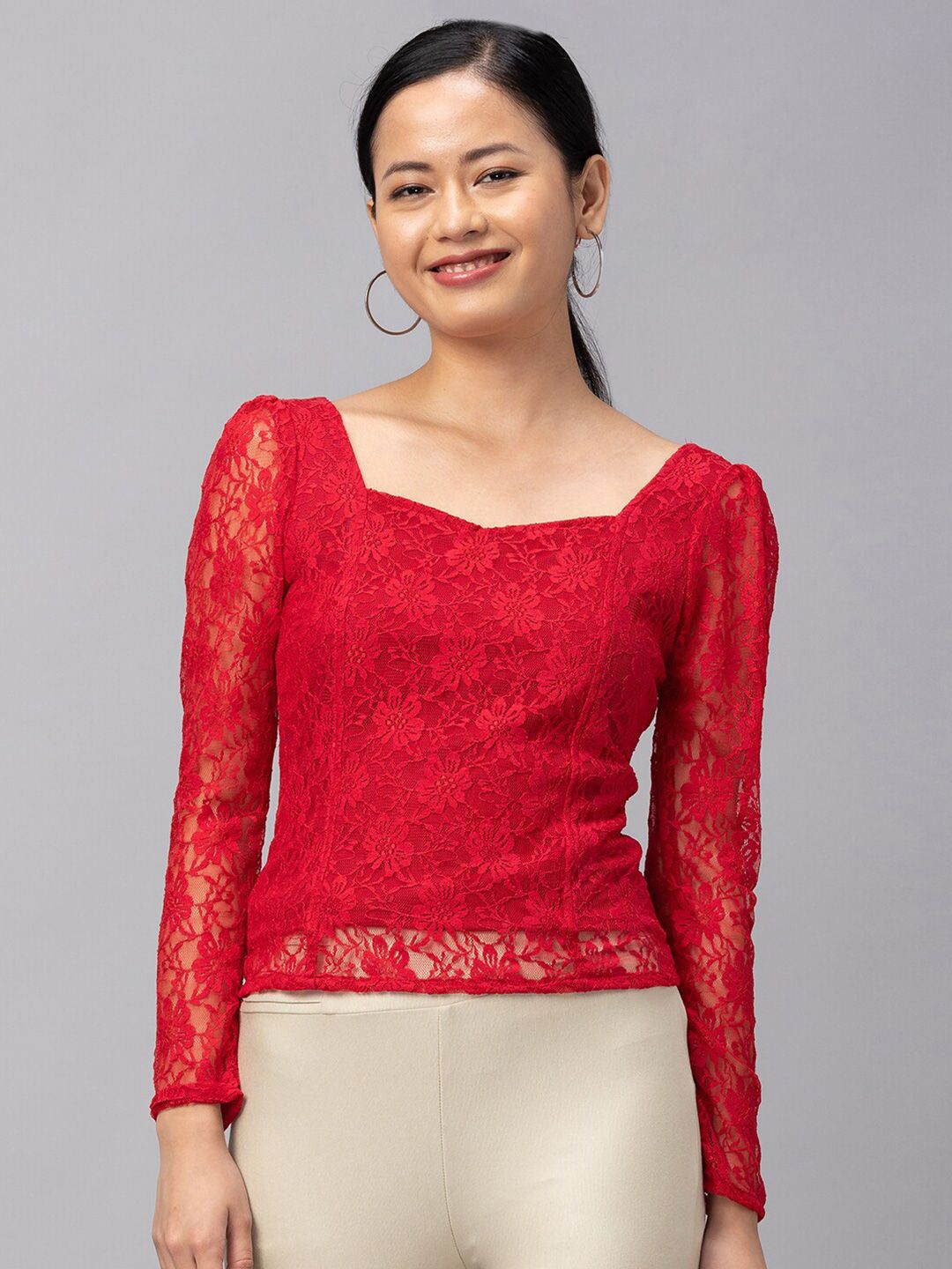 Globus Women Red Sweetheart Neck Lace Top Price in India