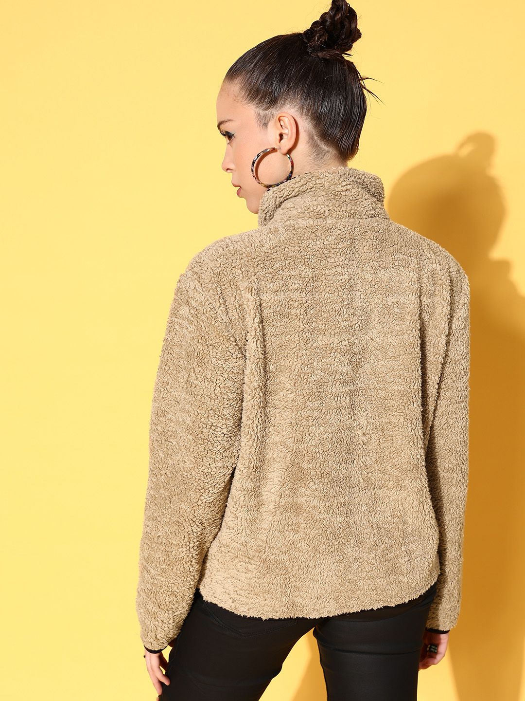 Buy SASSAFRAS Women Beige Solid Faux Fur Oversized Tailored Jacket